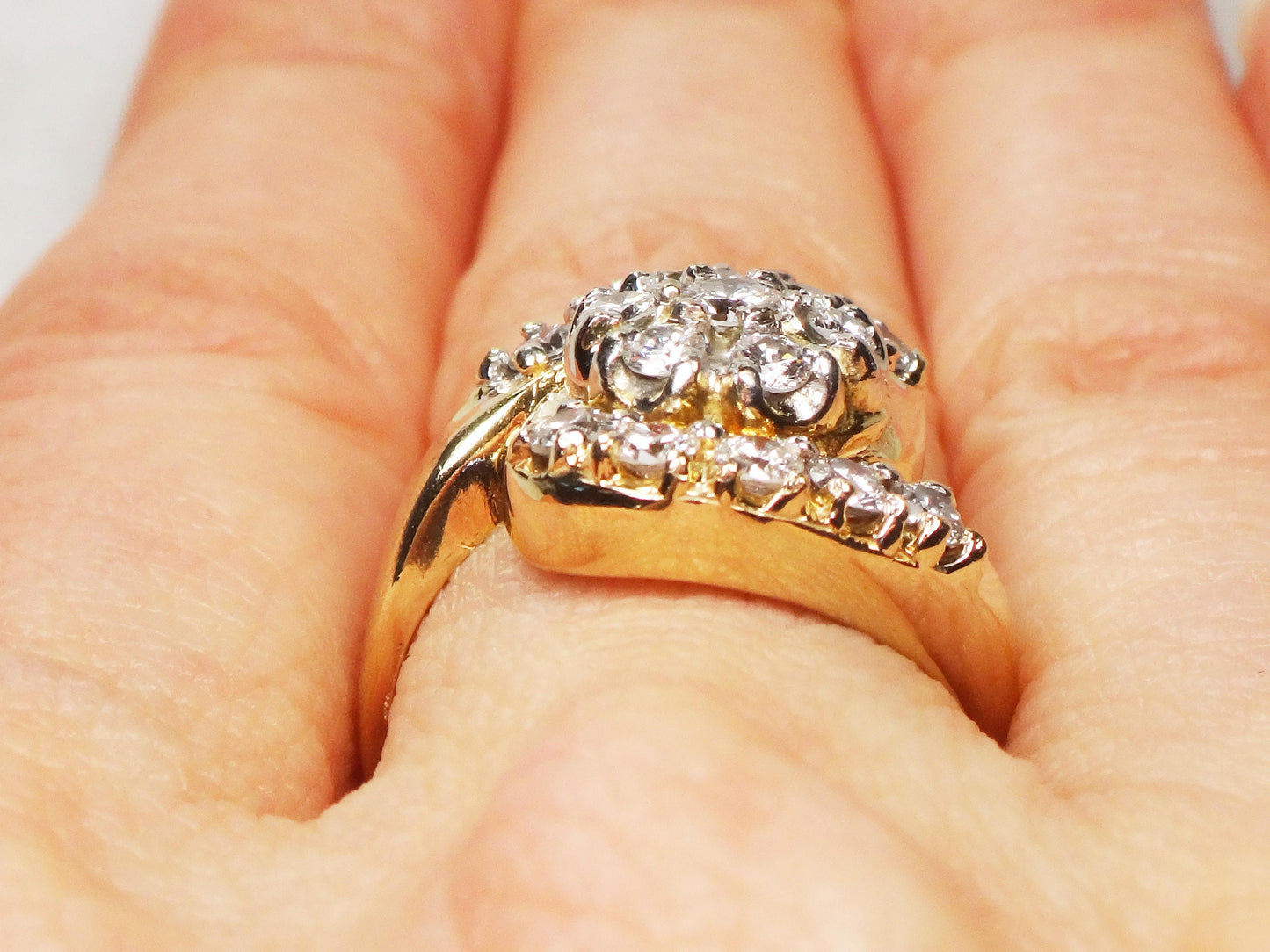 Vintage 14k Yellow Gold Natural Diamond Cluster Ring Floral Diamond Statement Ring 1940's Retro Diamond Ring Approx .90 CT TDW