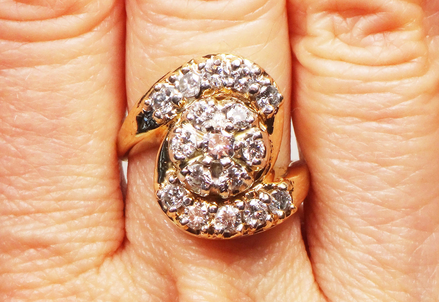 Vintage 14k Yellow Gold Natural Diamond Cluster Ring Floral Diamond Statement Ring 1940's Retro Diamond Ring Approx .90 CT TDW