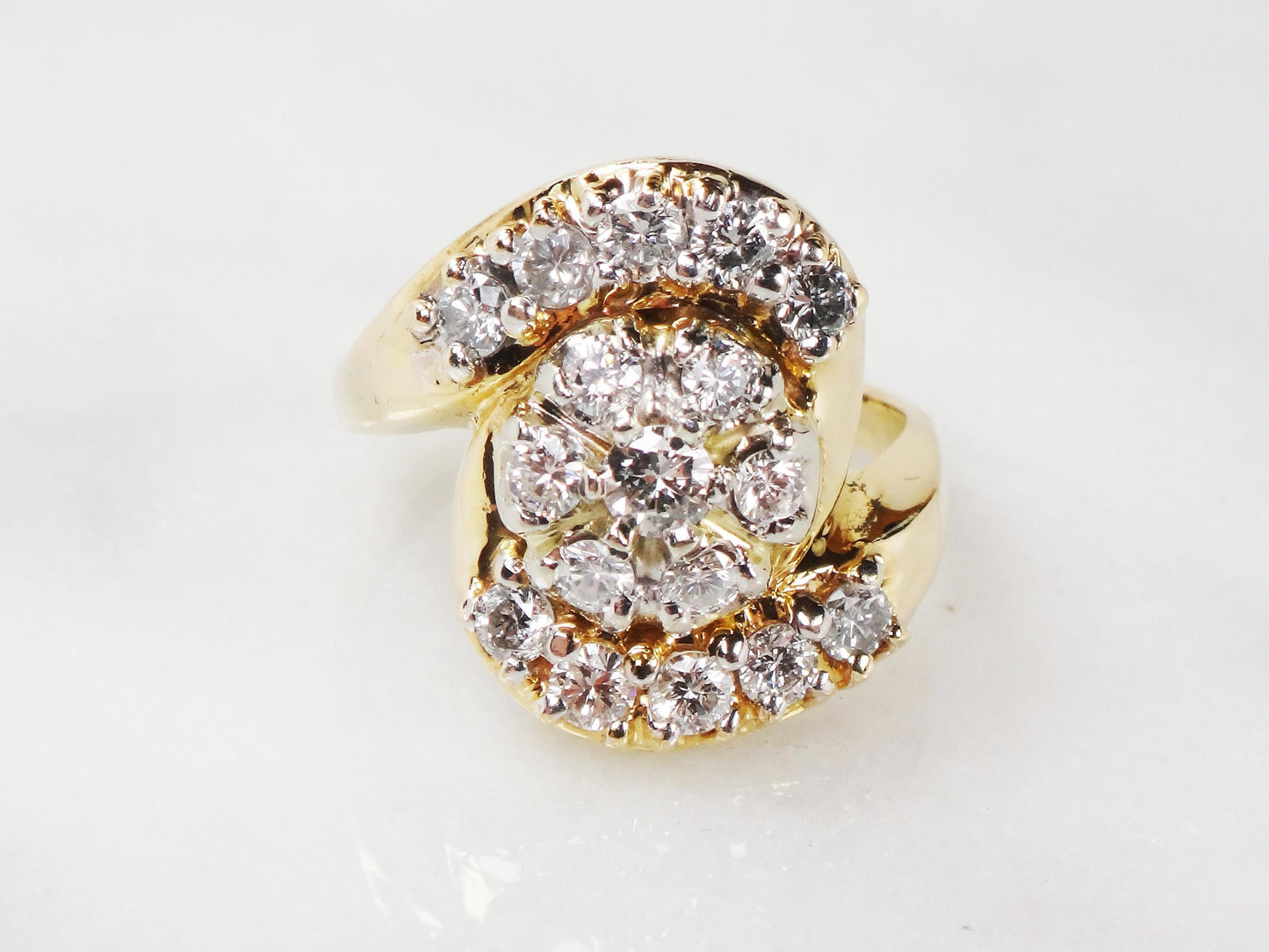 Vintage 14k Yellow Gold Natural Diamond Cluster Ring Floral Diamond Statement Ring 1940's Retro Diamond Ring Approx .90 CT TDW