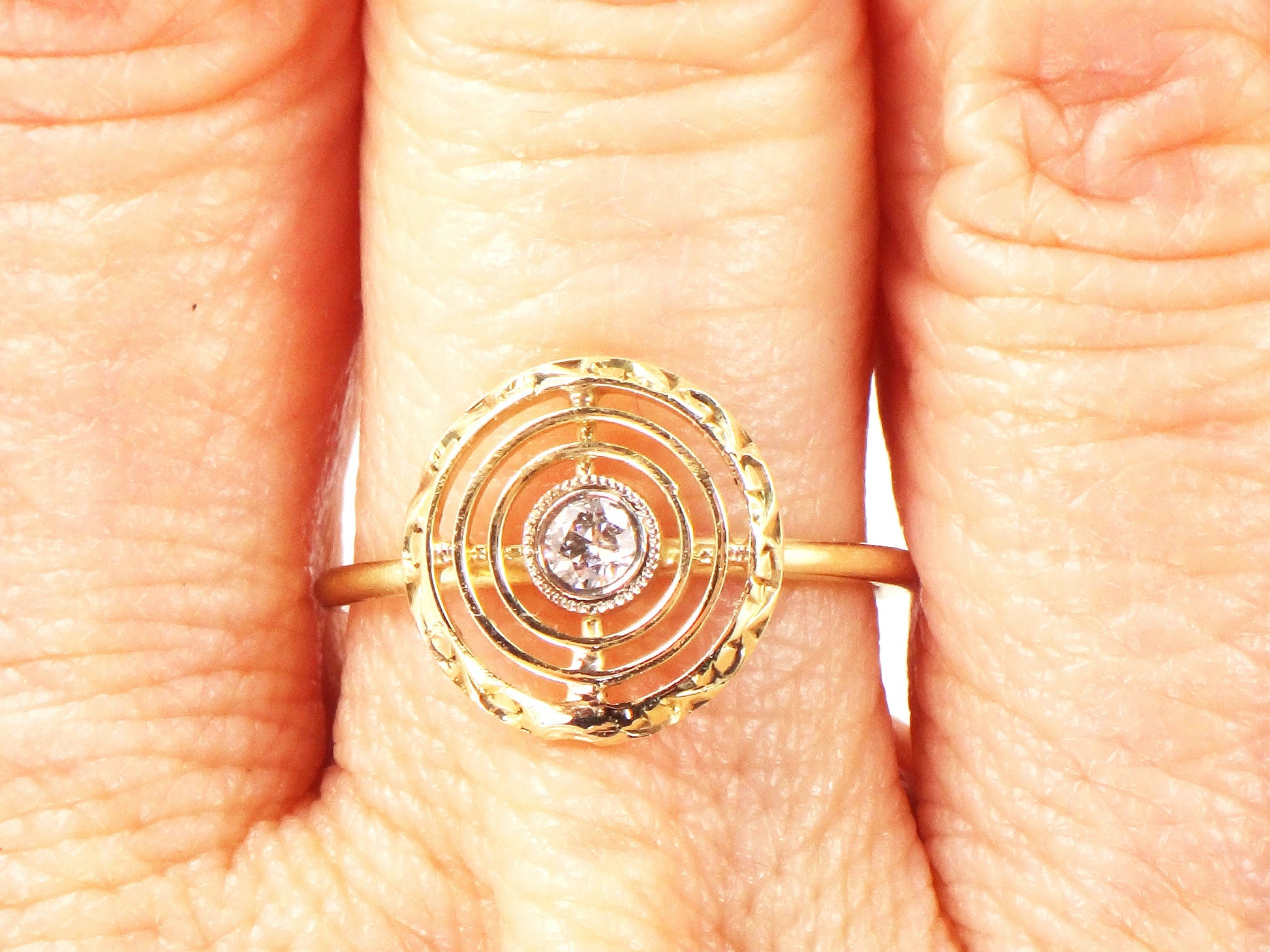 Vintage 14k Yellow Gold Diamond Target Ring: Art Deco Conversion