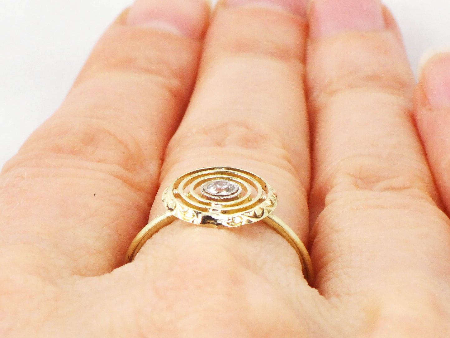 Vintage 14k Yellow Gold Diamond Target Ring: Art Deco Conversion