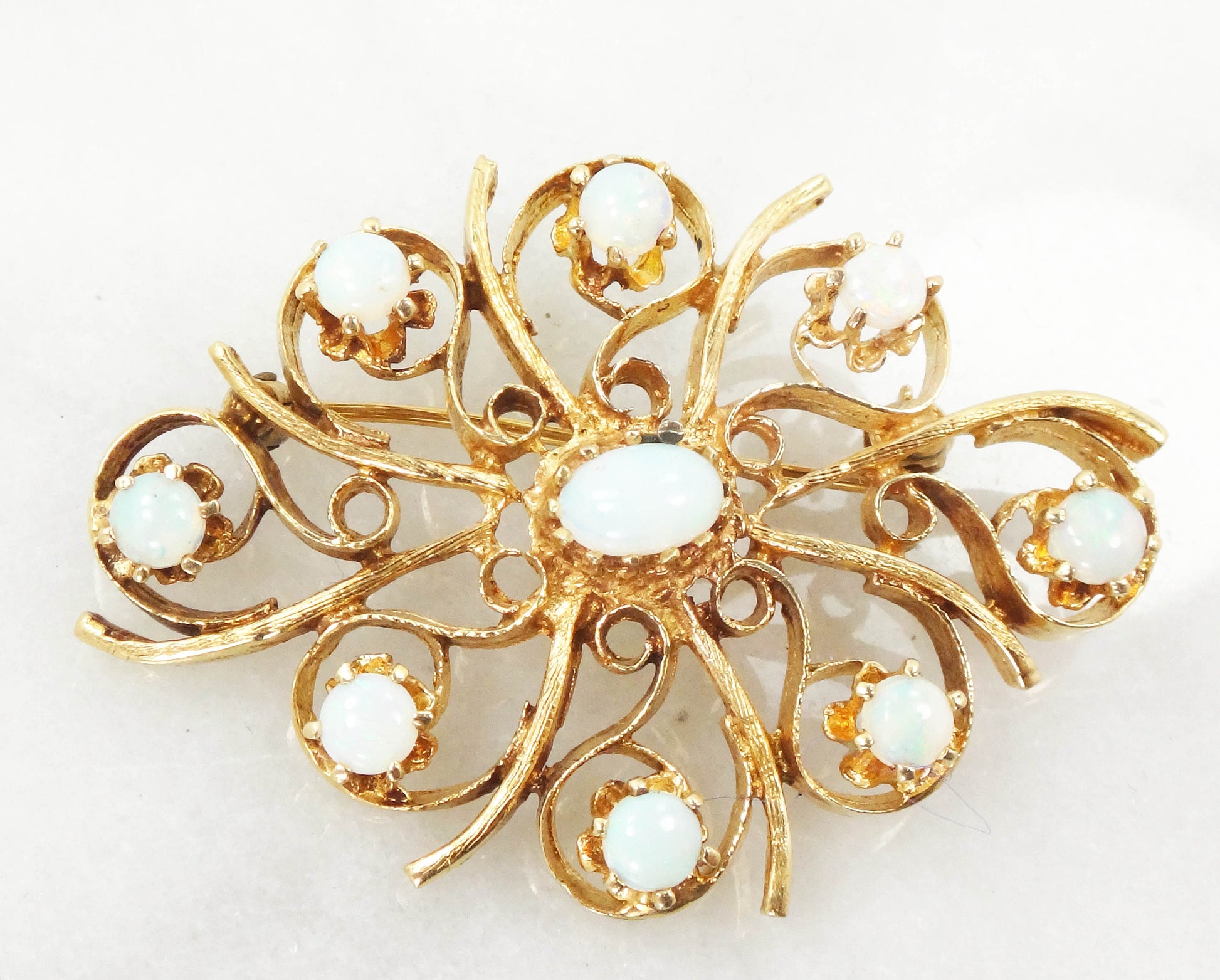 Vintage 14k Yellow Gold Opal Starburst Pin - October Birthstone