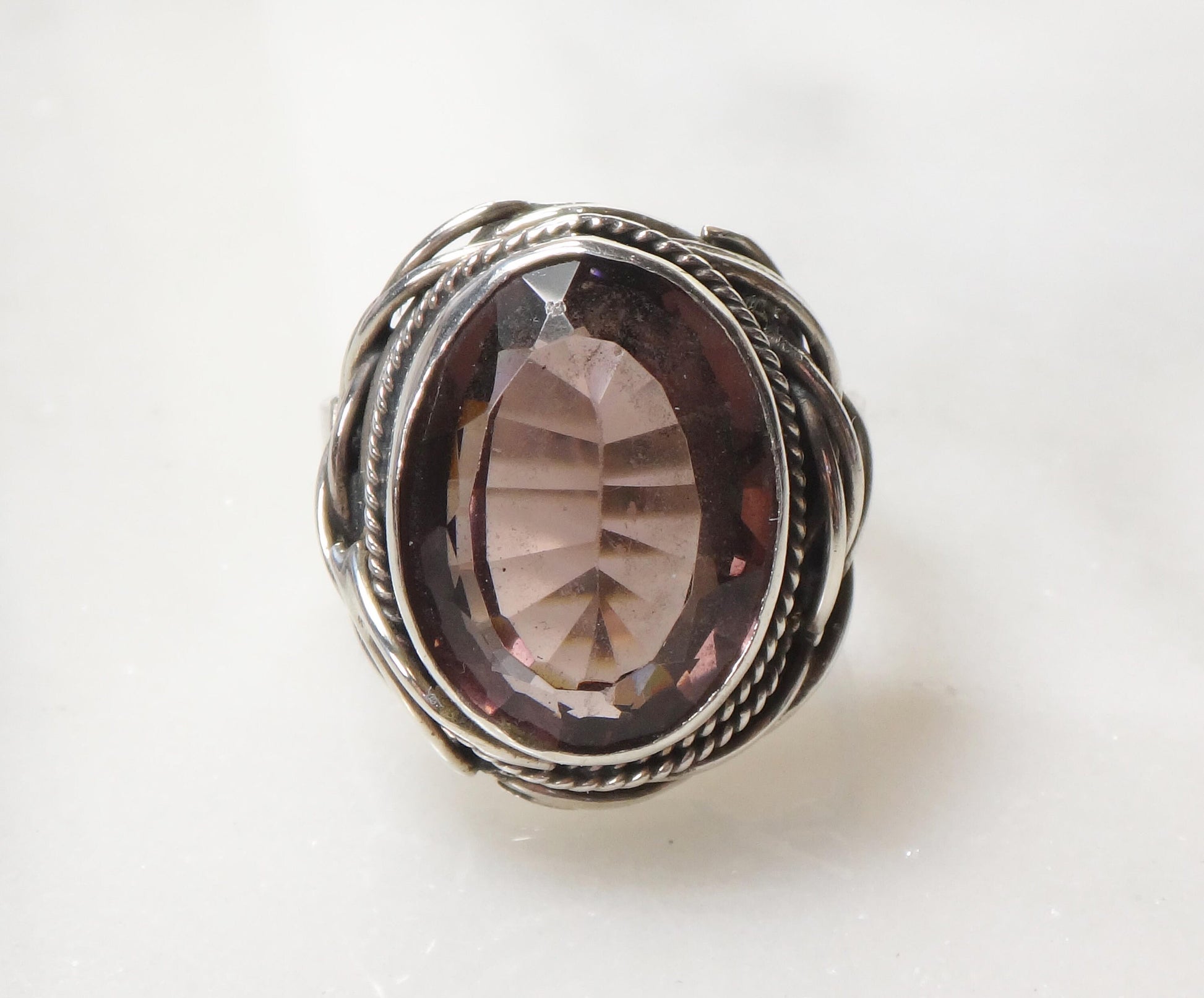 Vintage Large Sterling Silver Purple Glass Ring Size 9