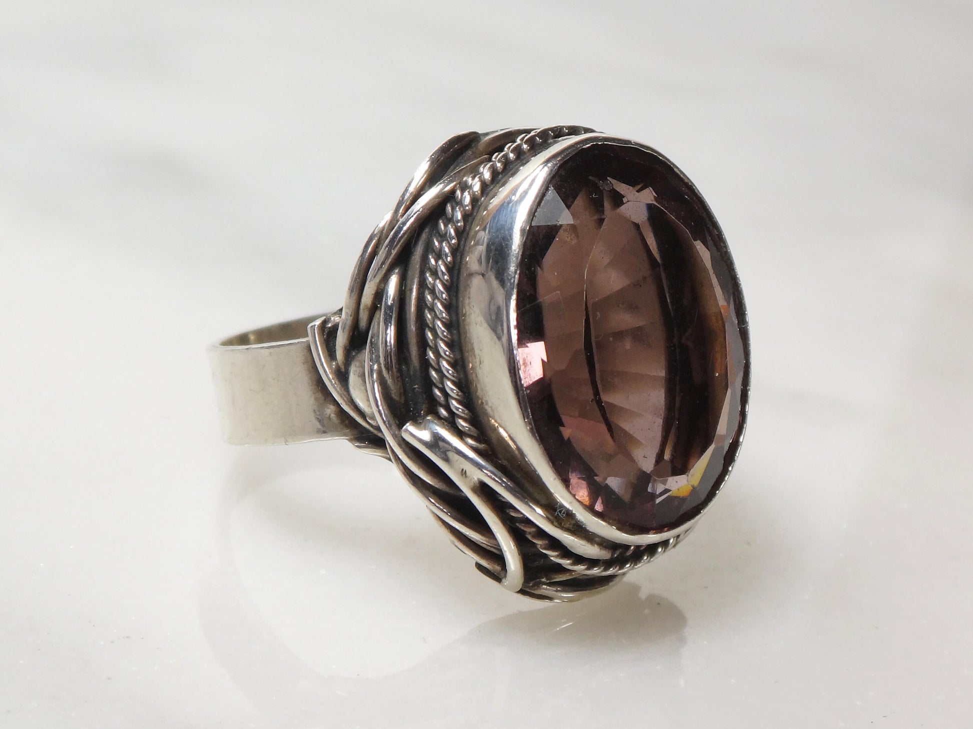 Vintage Large Sterling Silver Purple Glass Ring Size 9