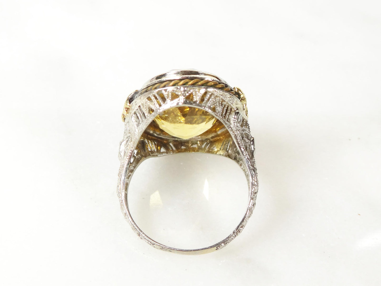 Vintage 14k White Gold Filigree Citrine Ring - 1930s Art Deco Floral Ring