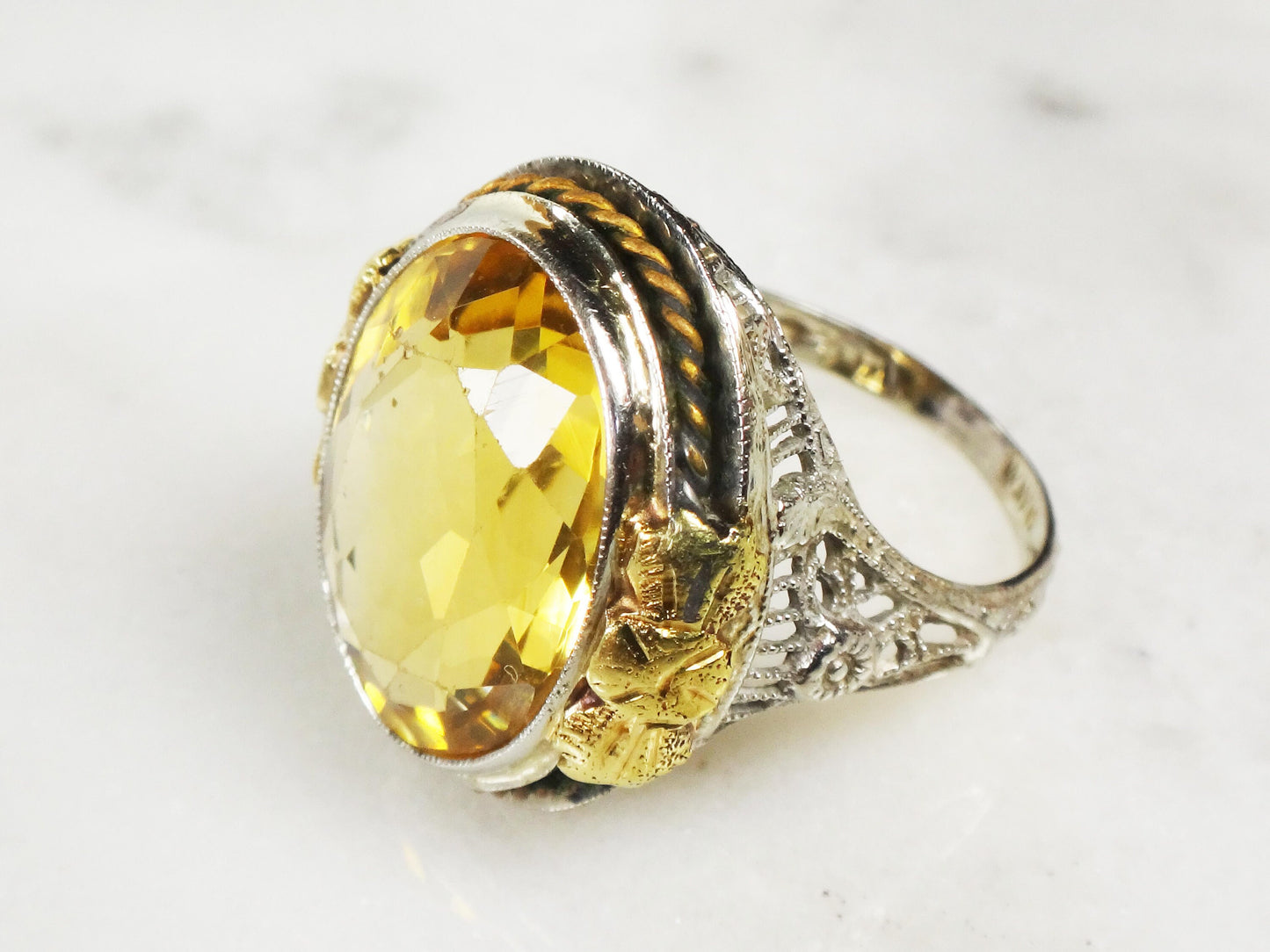Vintage 14k White Gold Filigree Citrine Ring - 1930s Art Deco Floral Ring