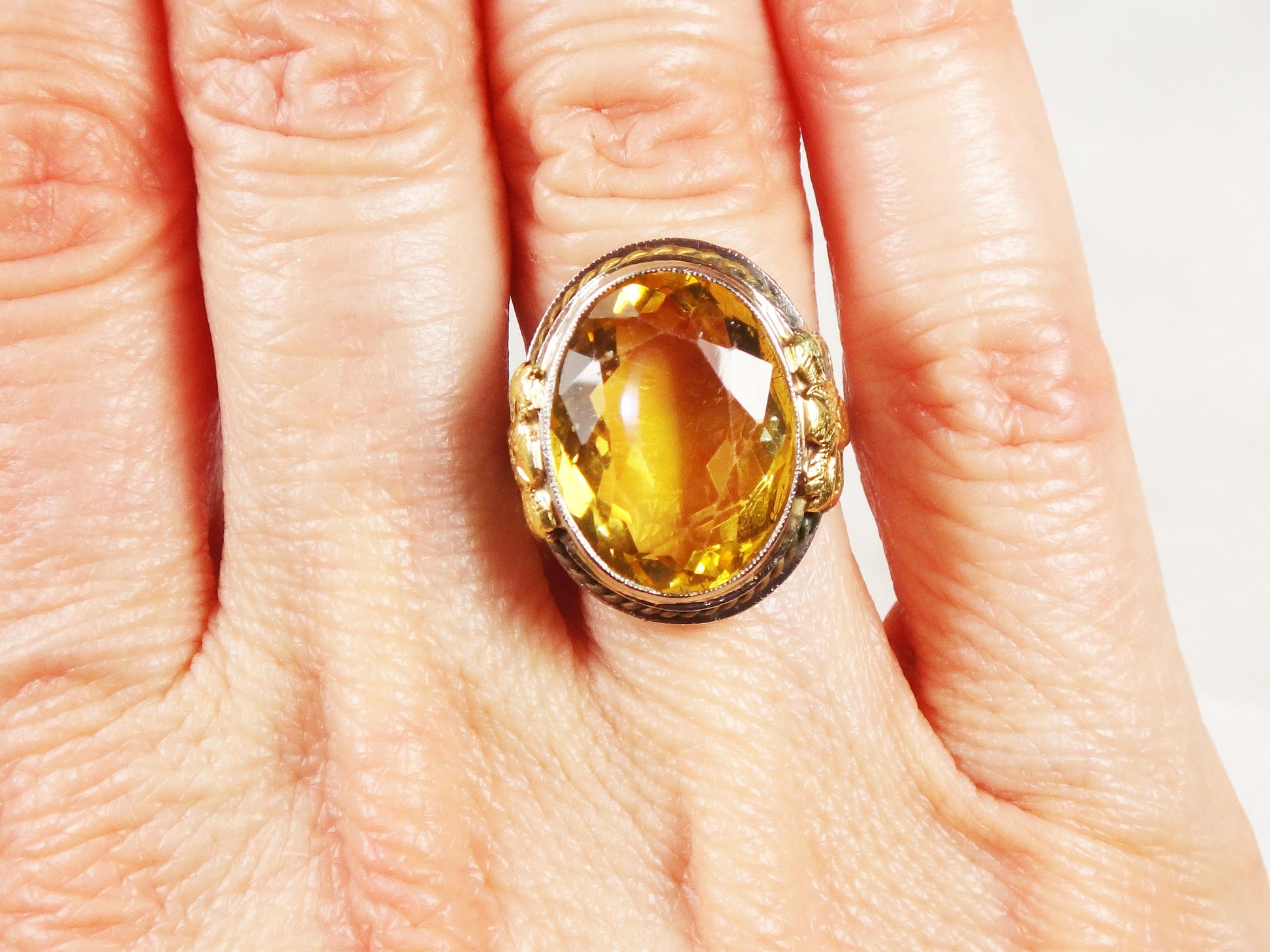 Vintage 14k White Gold Filigree Citrine Ring - 1930s Art Deco Floral Ring