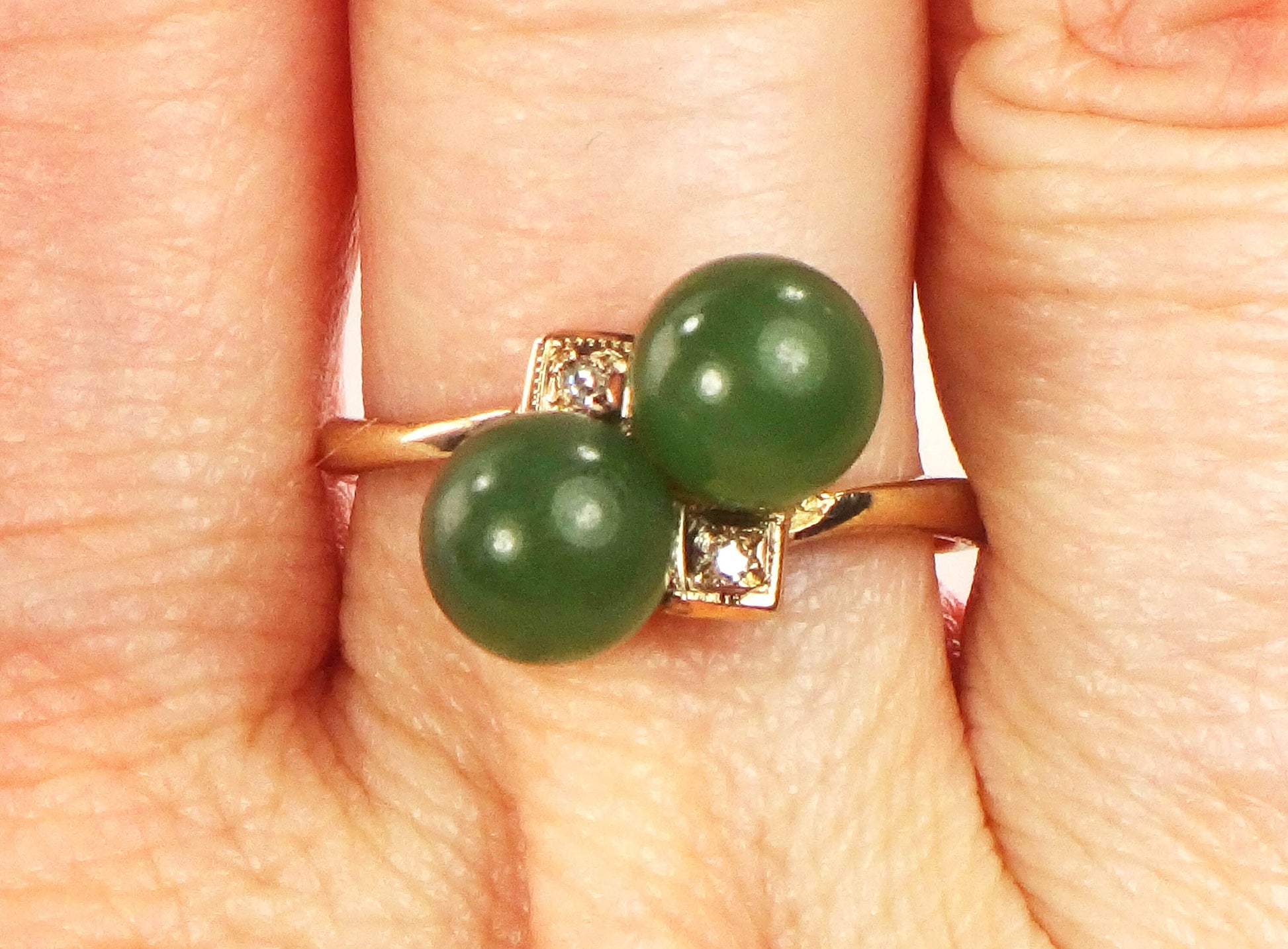 Vintage 14k Yellow Gold Chrysoprase Ball Ring with Diamond Accents
