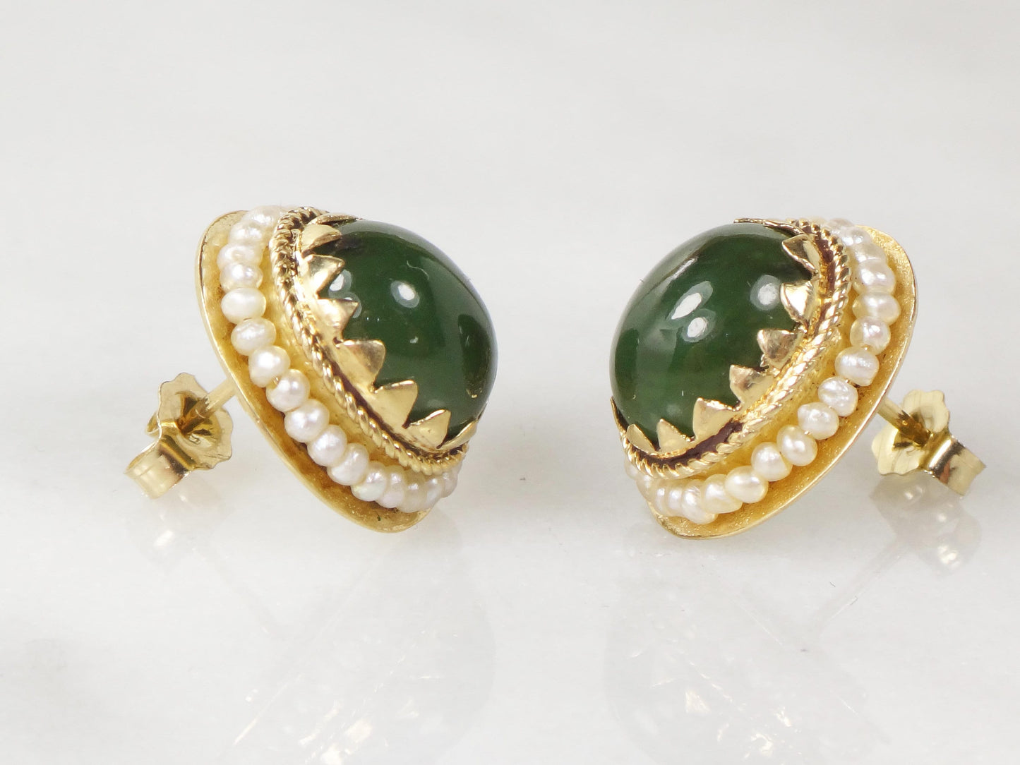 Vintage 14k Yellow Gold Chrysoprase Stud Earrings - Green Stone and Seed Pearl Jade Look Studs