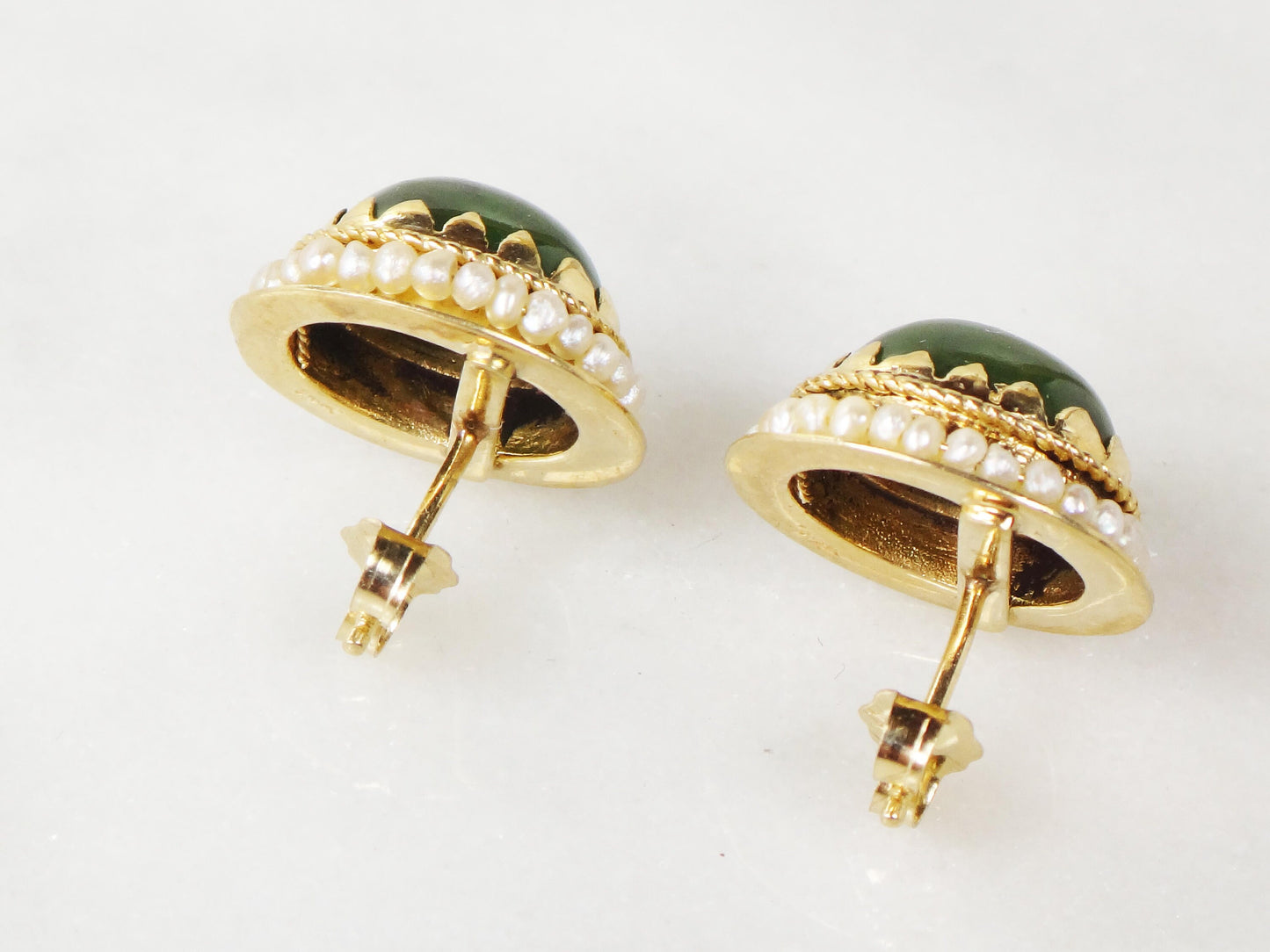 Vintage 14k Yellow Gold Chrysoprase Stud Earrings - Green Stone and Seed Pearl Jade Look Studs