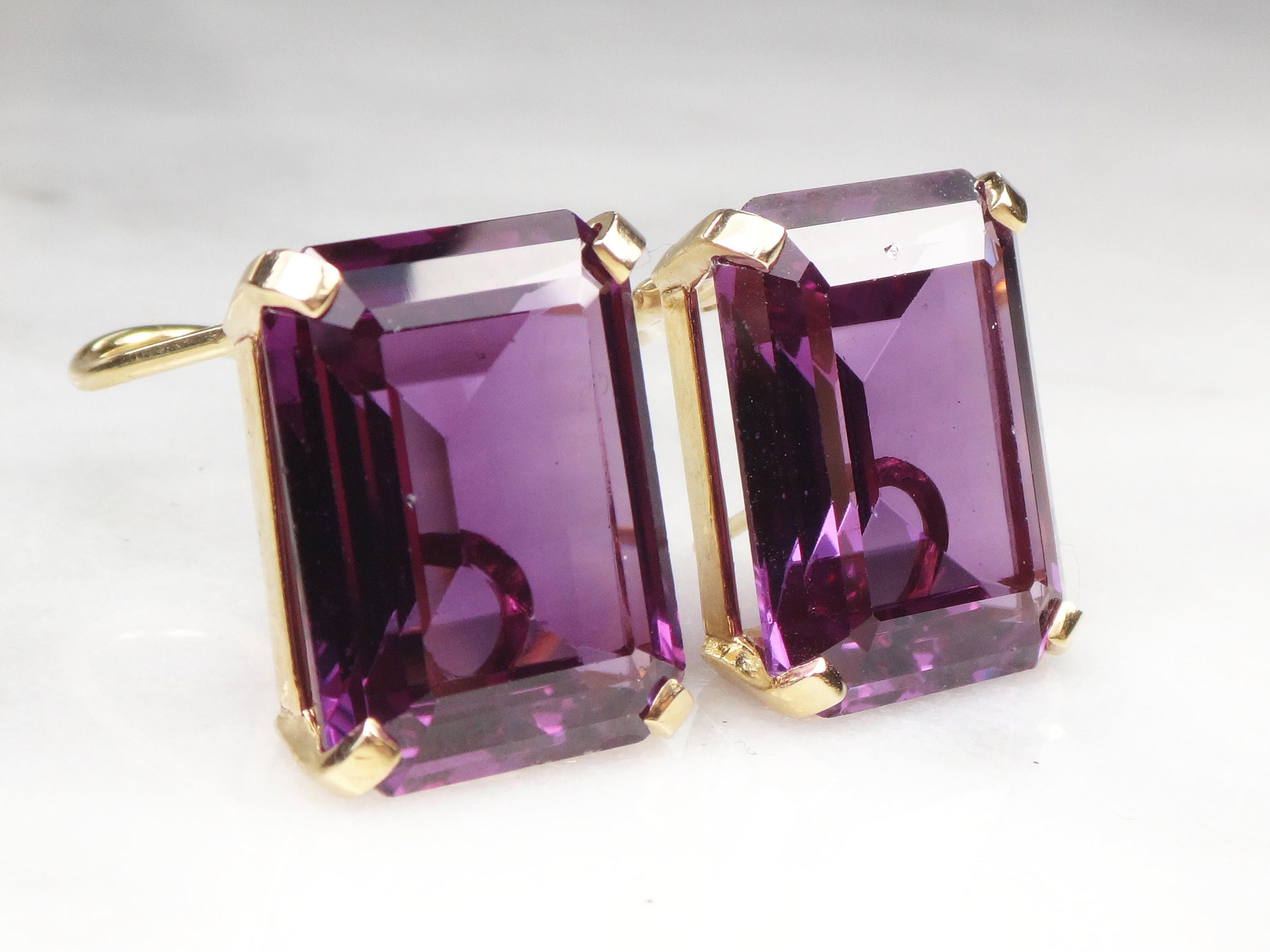 Vintage 14k Large Rectangle Purple Sapphire Earrings with French Clips