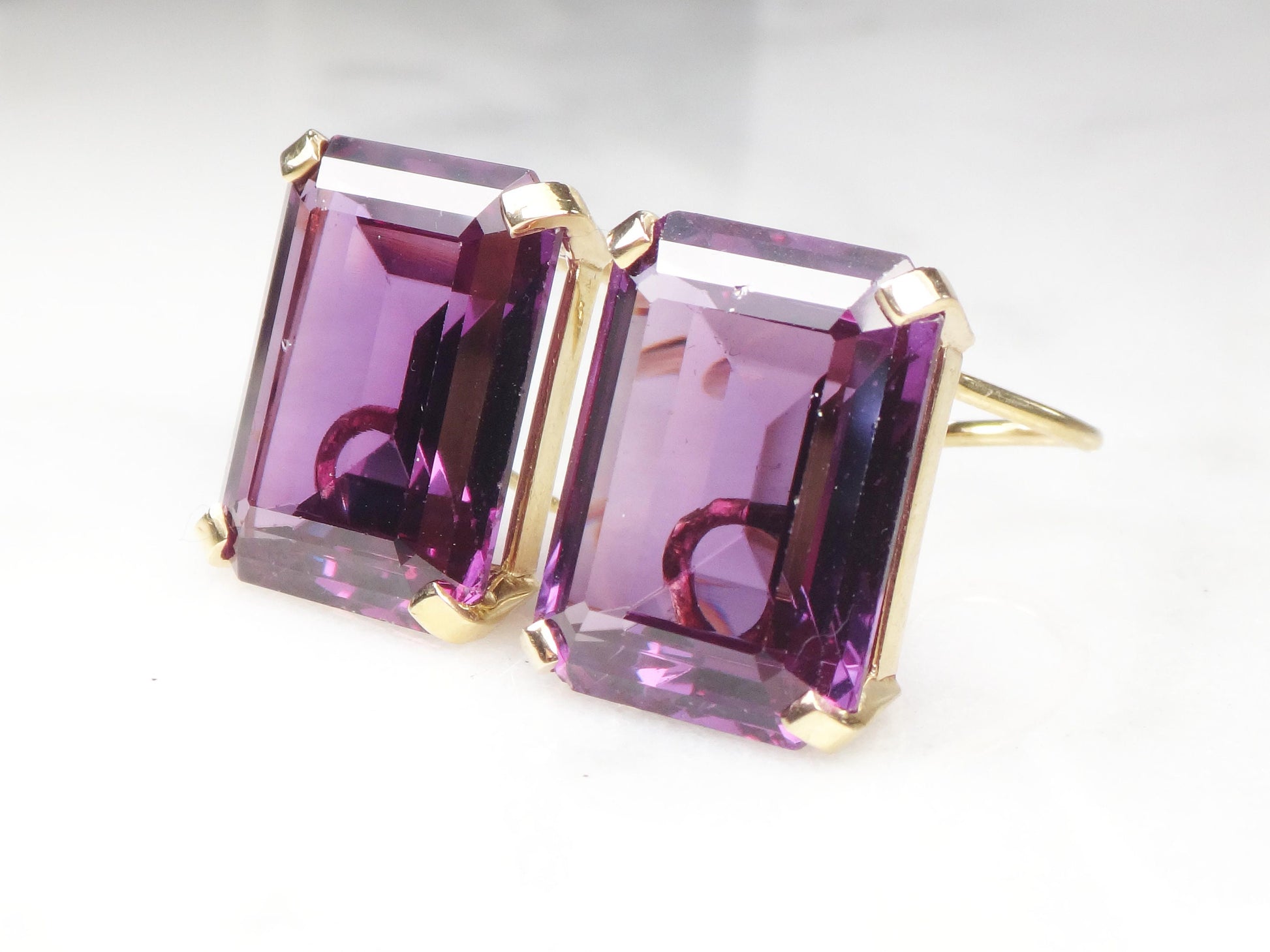 Vintage 14k Large Rectangle Purple Sapphire Earrings with French Clips