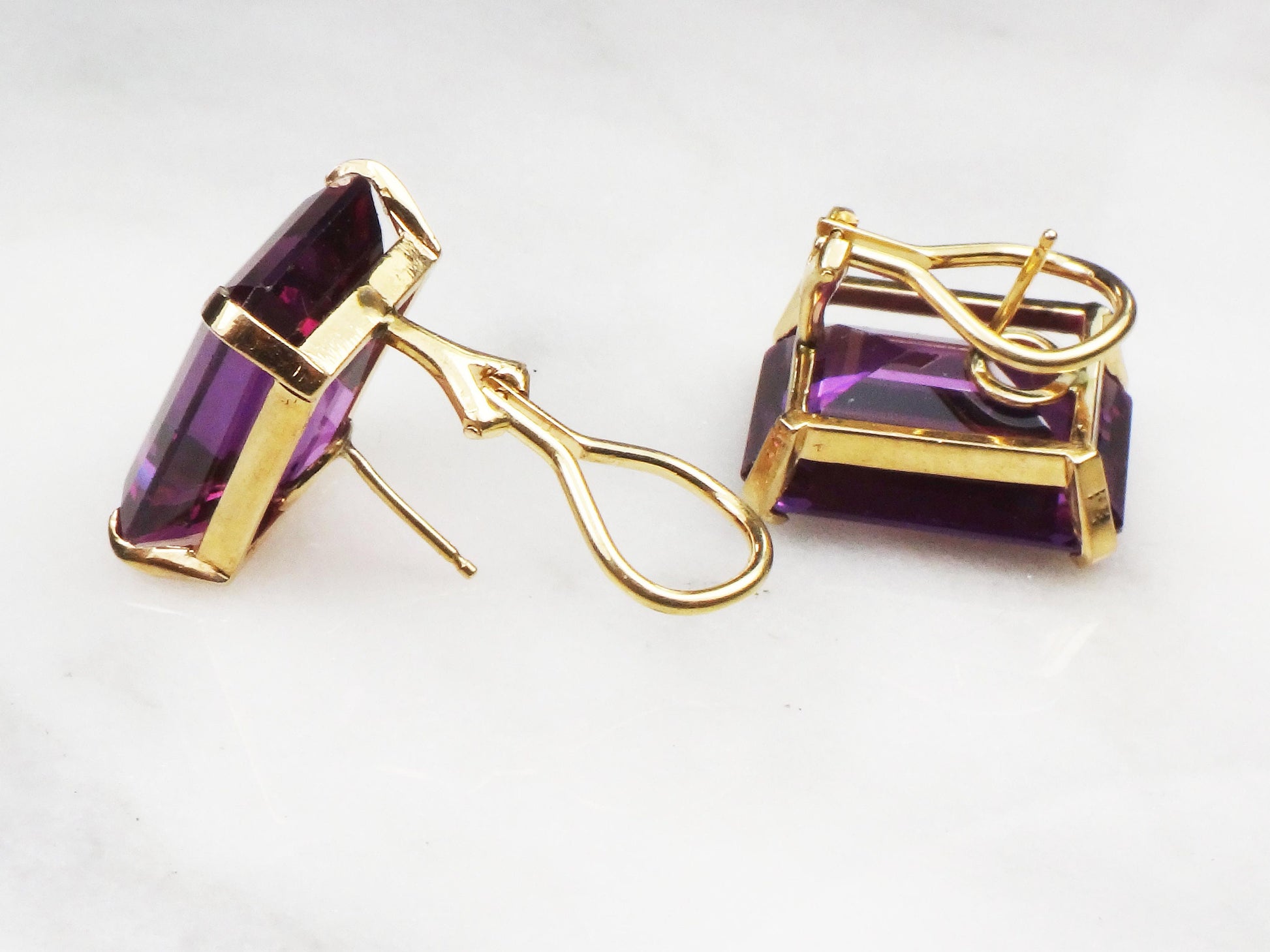 Vintage 14k Large Rectangle Purple Sapphire Earrings with French Clips
