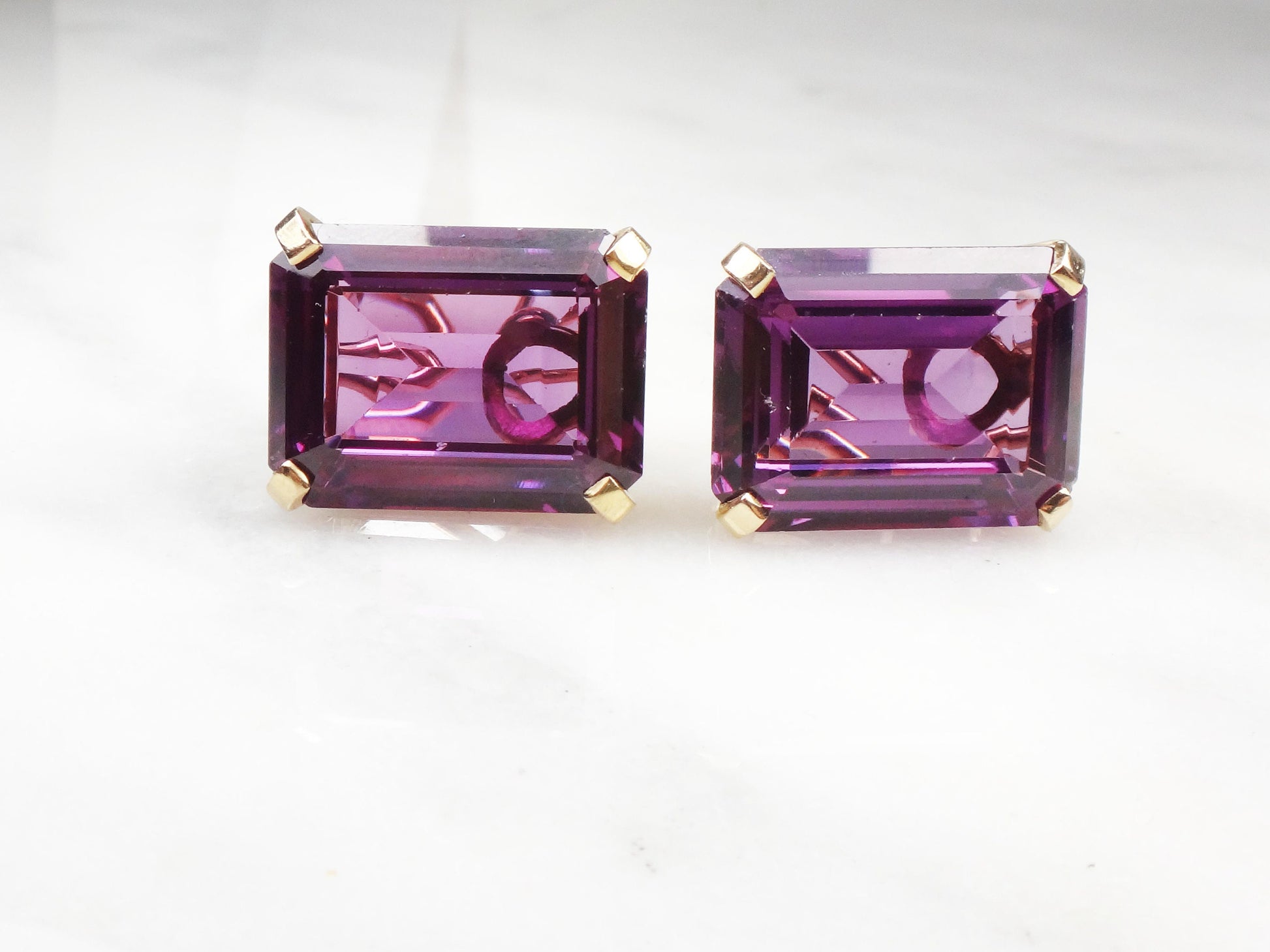 Vintage 14k Large Rectangle Purple Sapphire Earrings with French Clips