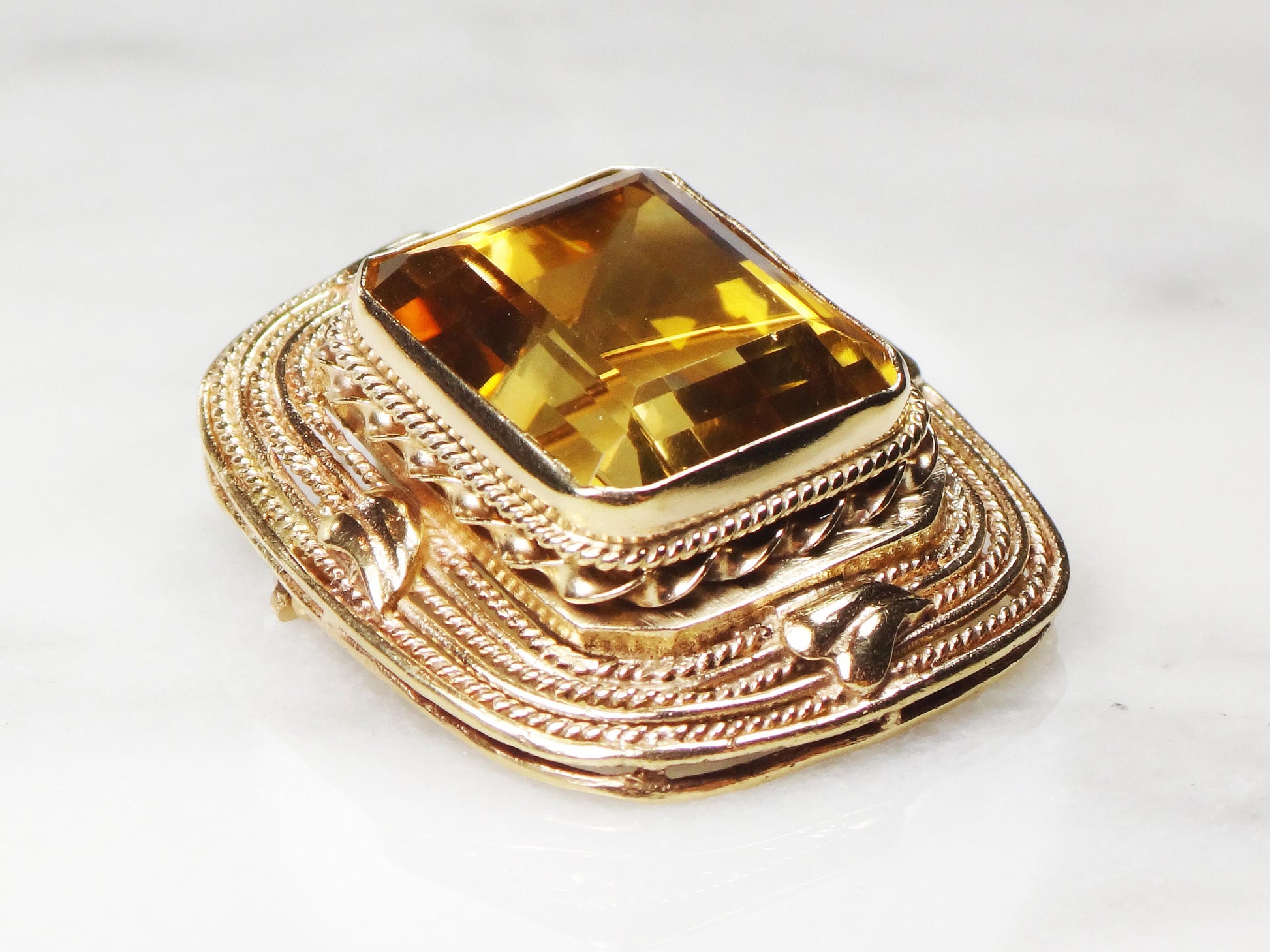 Vintage 14k Yellow Gold Large Rectangle Cut Natural Citrine Pendant Pin
