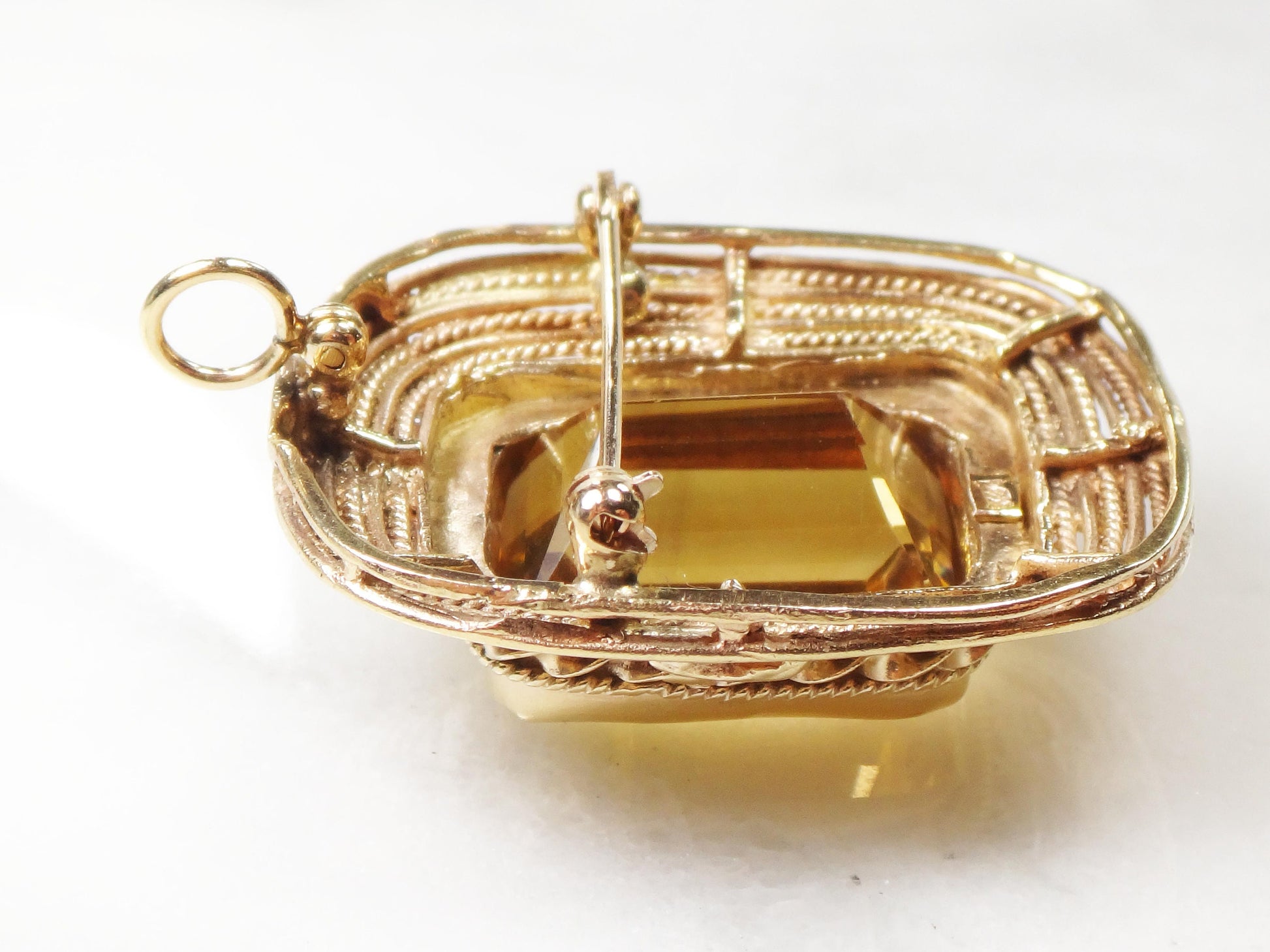 Vintage 14k Yellow Gold Large Rectangle Cut Natural Citrine Pendant Pin