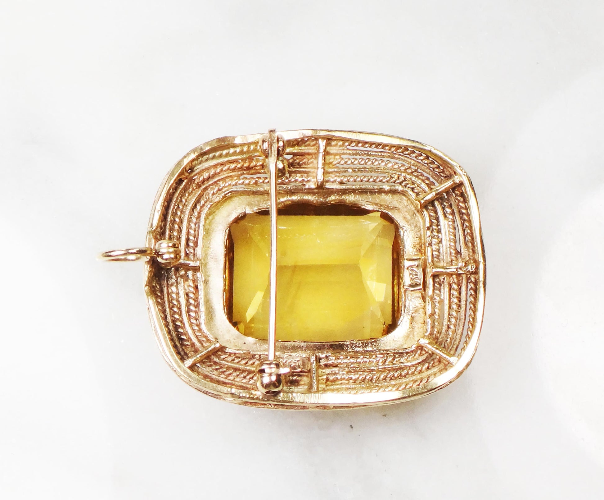 Vintage 14k Yellow Gold Large Rectangle Cut Natural Citrine Pendant Pin