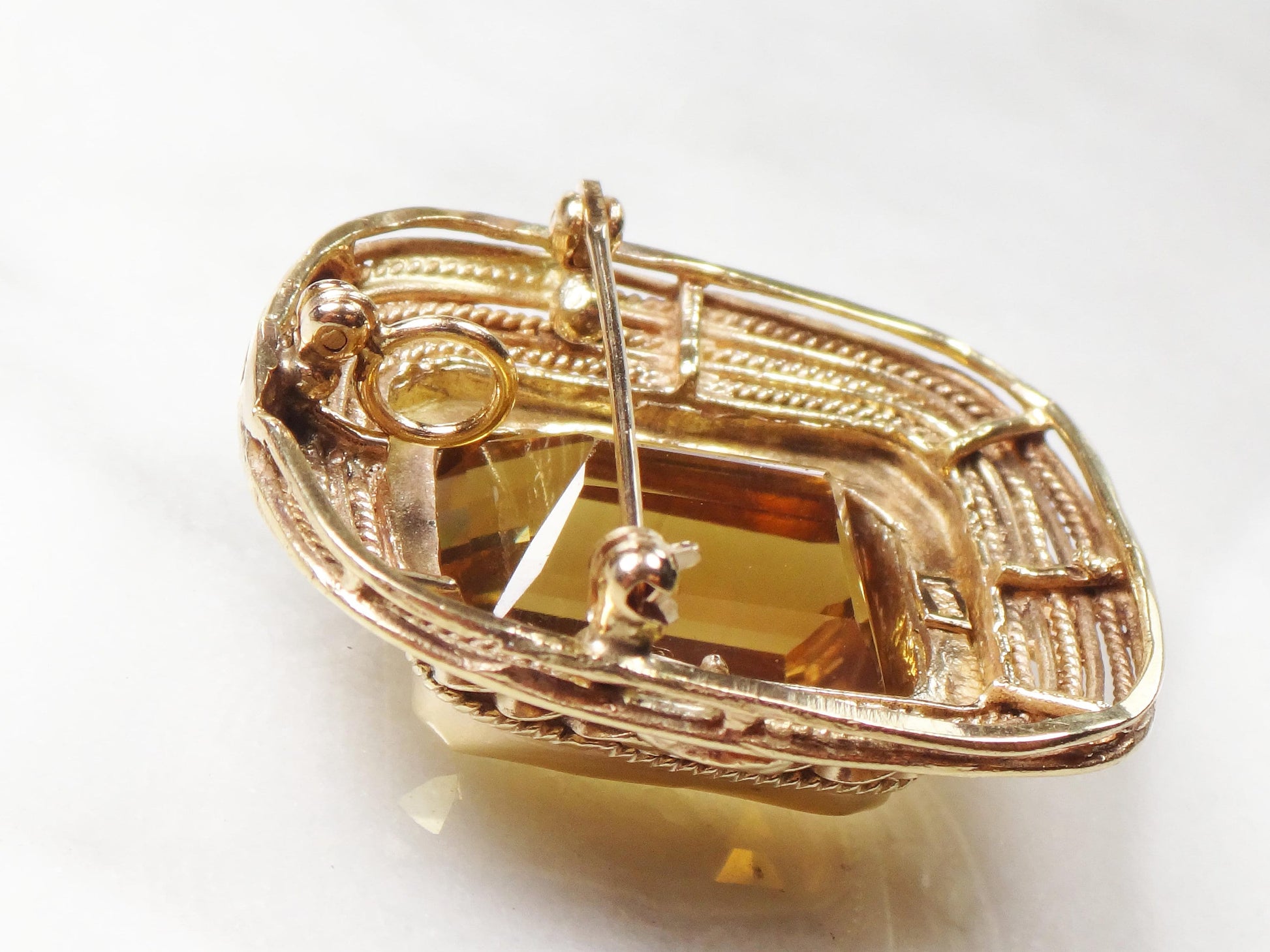 Vintage 14k Yellow Gold Large Rectangle Cut Natural Citrine Pendant Pin
