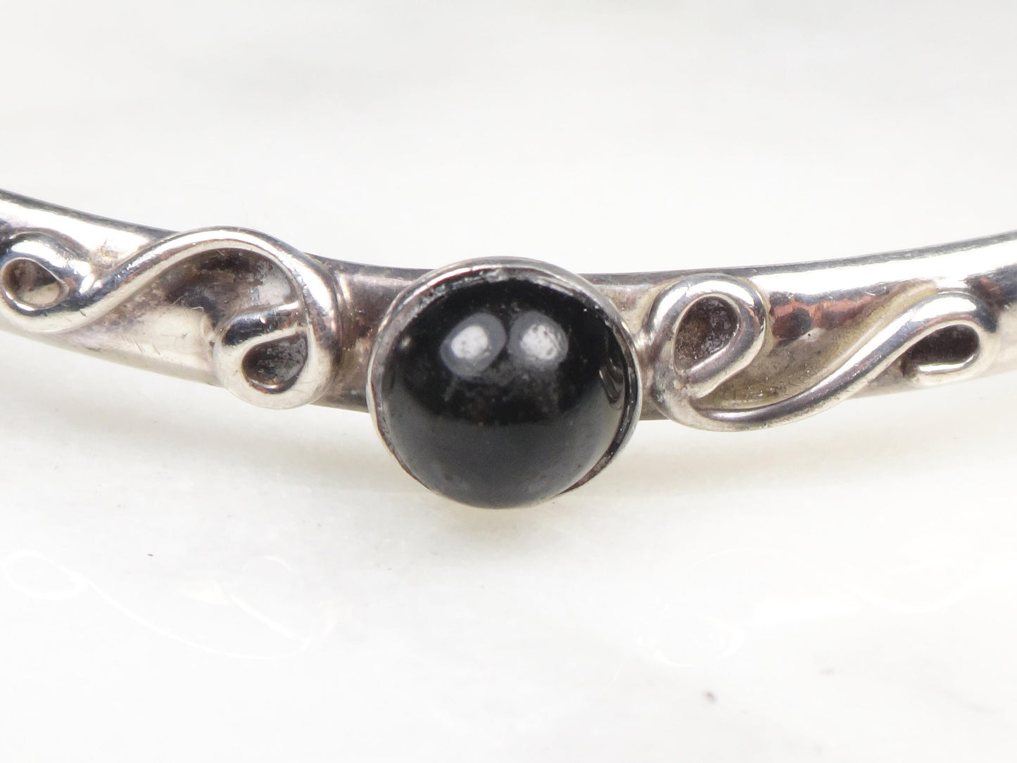 Vintage Sterling Silver Bangle Bracelet: Black Glass Stone, Mexico