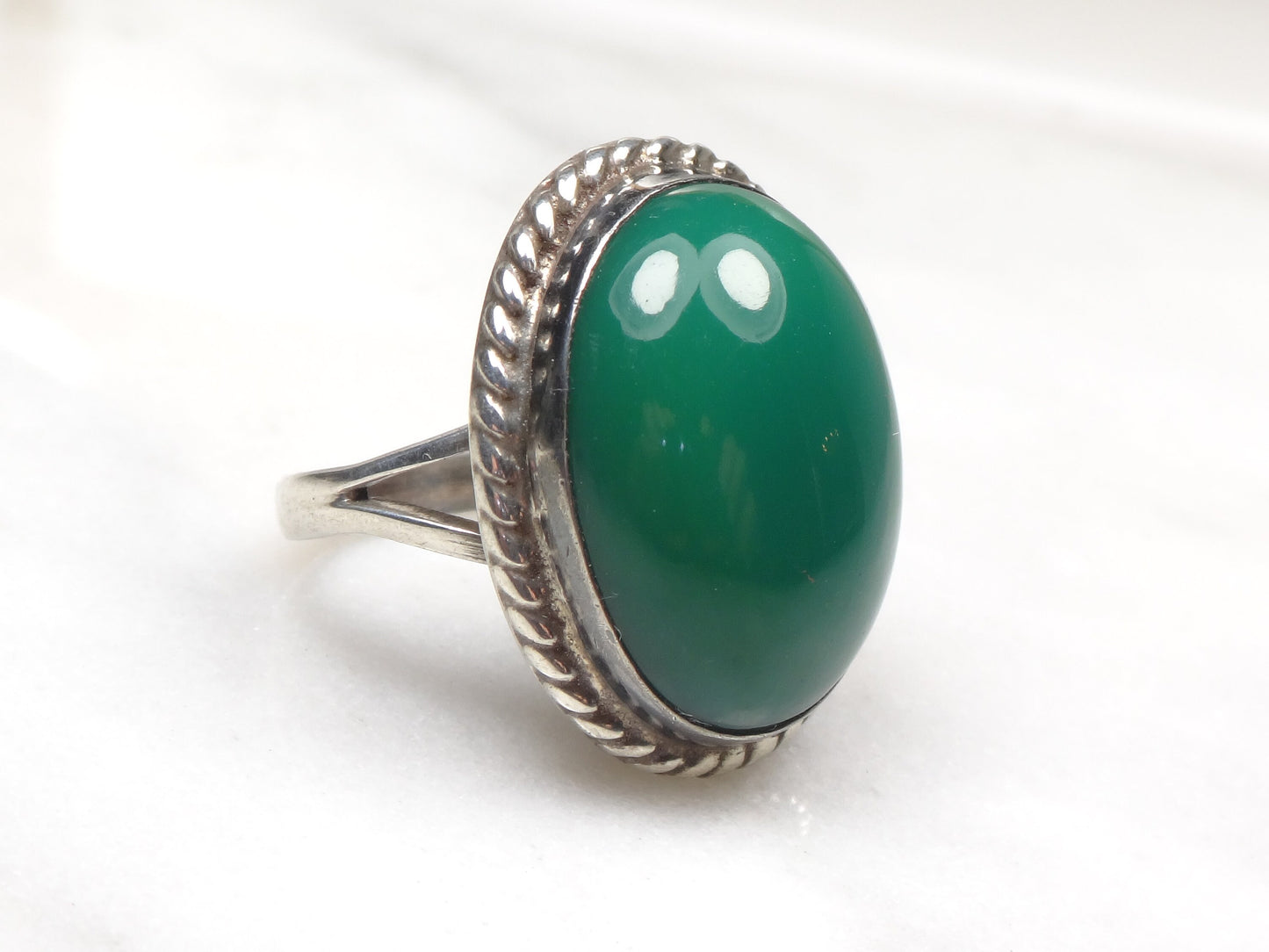 Vintage Sterling Green Stone Ring Large Sterling Silver Glass Ring Faux Jade Ring Mexico Silver Ring Southwestern Ring Statement Ring