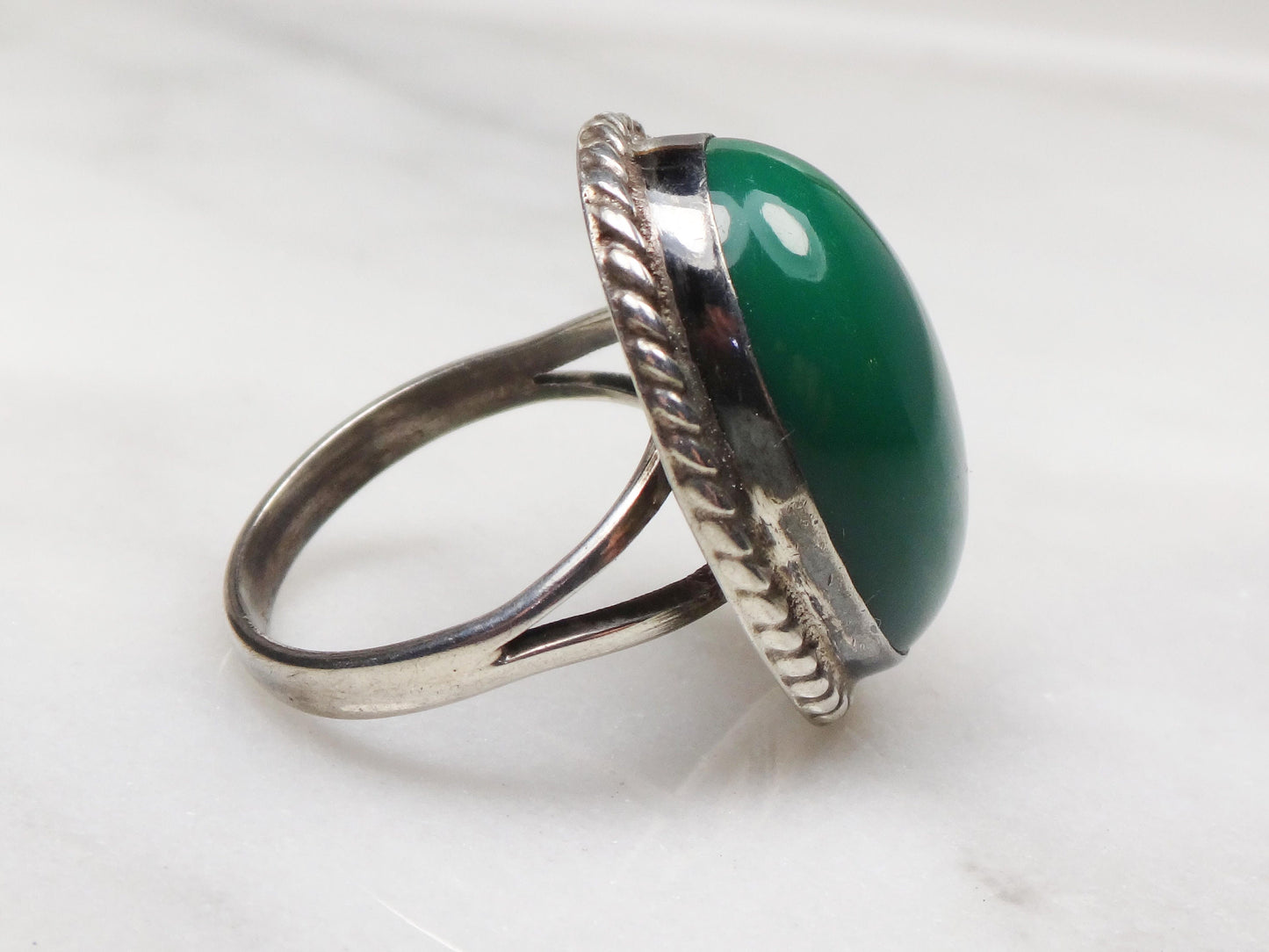 Vintage Sterling Green Stone Ring Large Sterling Silver Glass Ring Faux Jade Ring Mexico Silver Ring Southwestern Ring Statement Ring