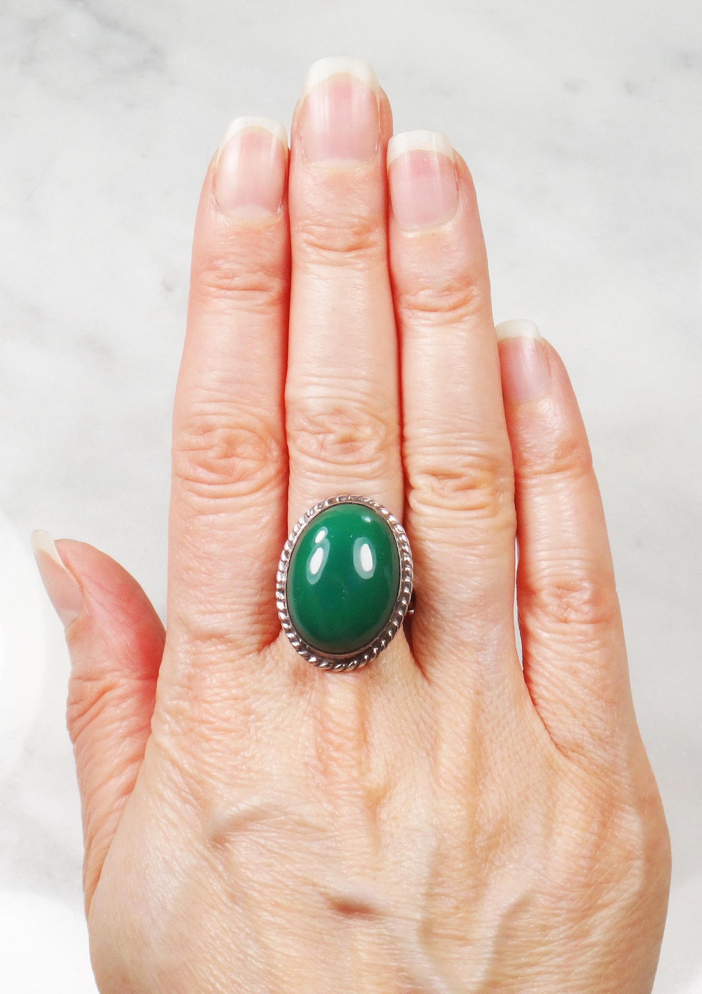 Vintage Sterling Green Stone Ring Large Sterling Silver Glass Ring Faux Jade Ring Mexico Silver Ring Southwestern Ring Statement Ring