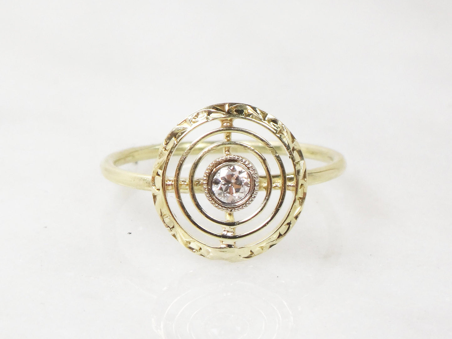 Vintage 14k Yellow Gold Diamond Target Ring: Art Deco Conversion