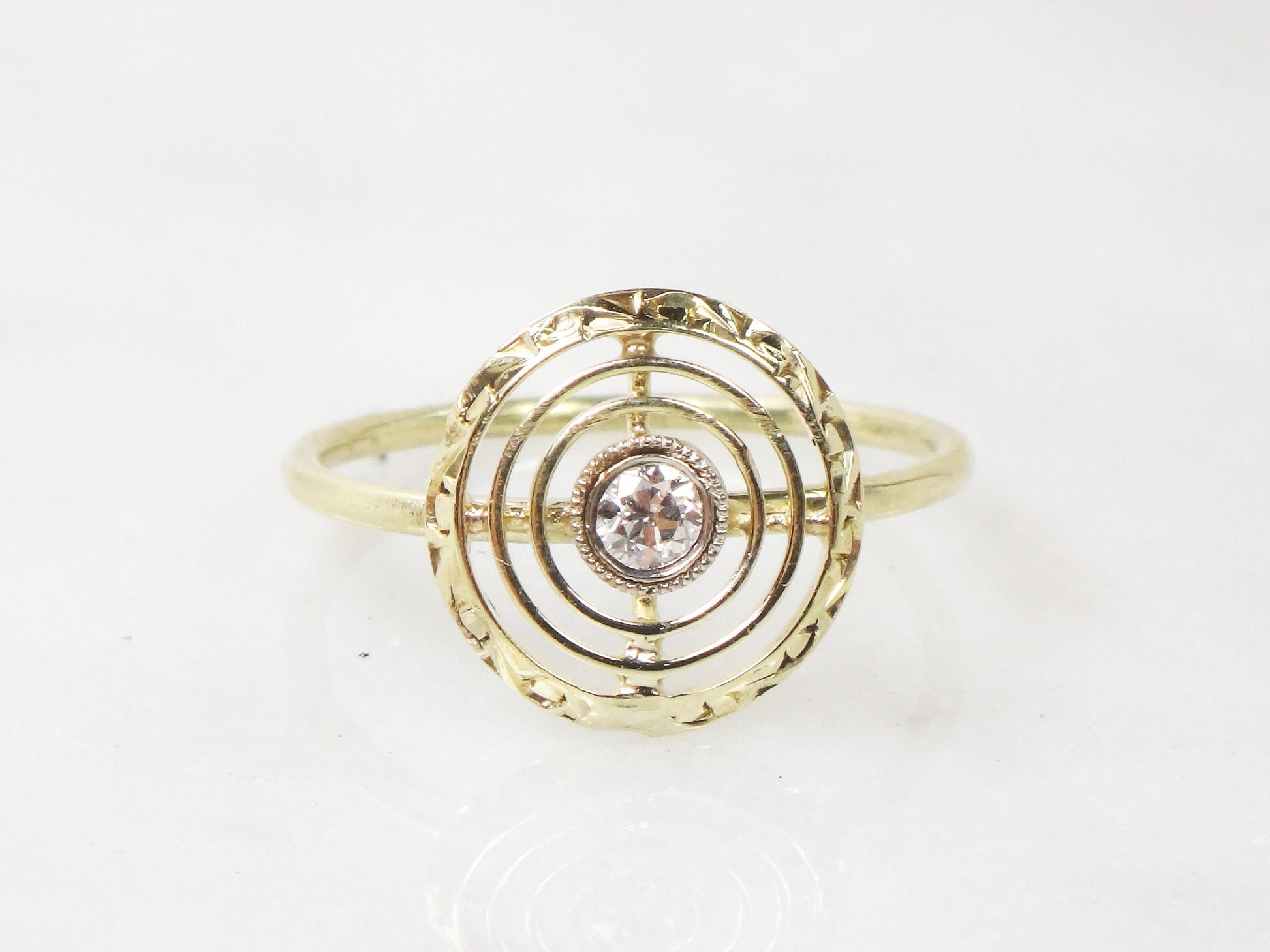 Vintage 14k Yellow Gold Diamond Target Ring: Art Deco Conversion