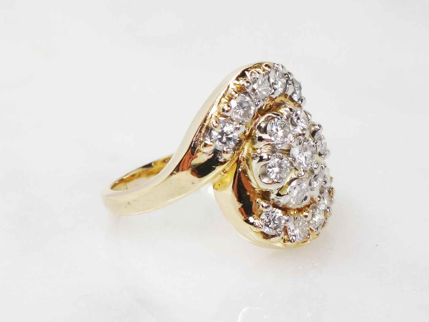 Vintage 14k Yellow Gold Natural Diamond Cluster Ring Floral Diamond Statement Ring 1940's Retro Diamond Ring Approx .90 CT TDW