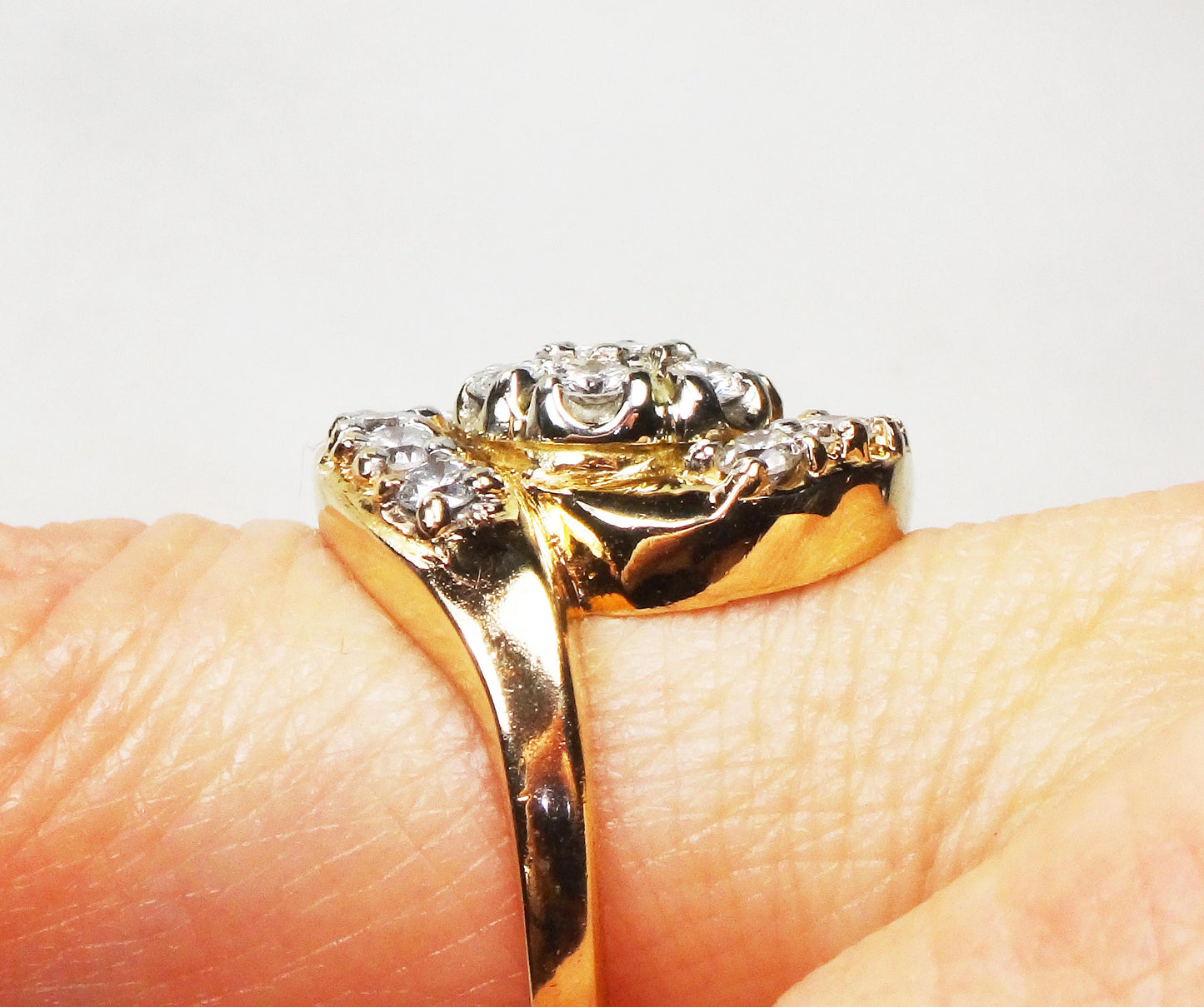 Vintage 14k Yellow Gold Natural Diamond Cluster Ring Floral Diamond Statement Ring 1940's Retro Diamond Ring Approx .90 CT TDW
