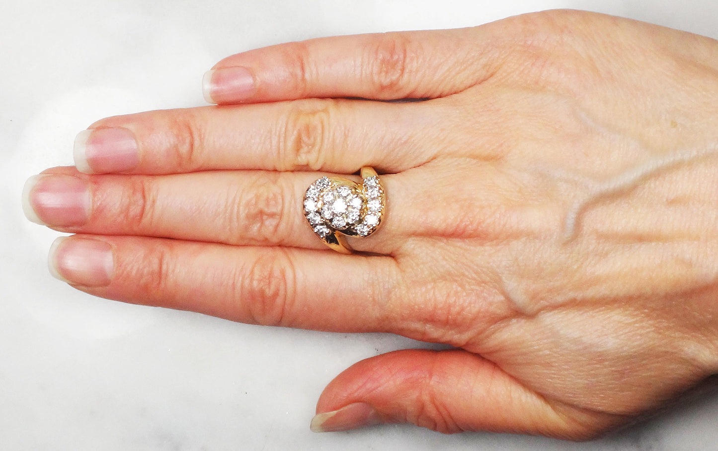 Vintage 14k Yellow Gold Diamond Cluster Ring: 1940s Floral Statement, .90 CT TDW