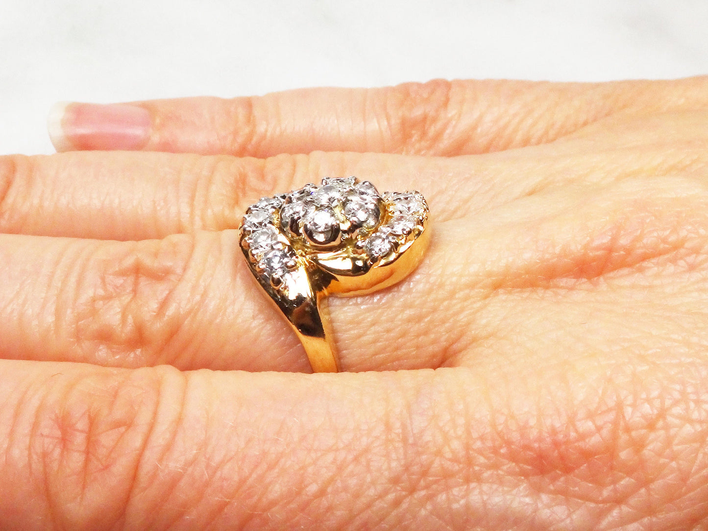 Vintage 14k Yellow Gold Natural Diamond Cluster Ring Floral Diamond Statement Ring 1940's Retro Diamond Ring Approx .90 CT TDW