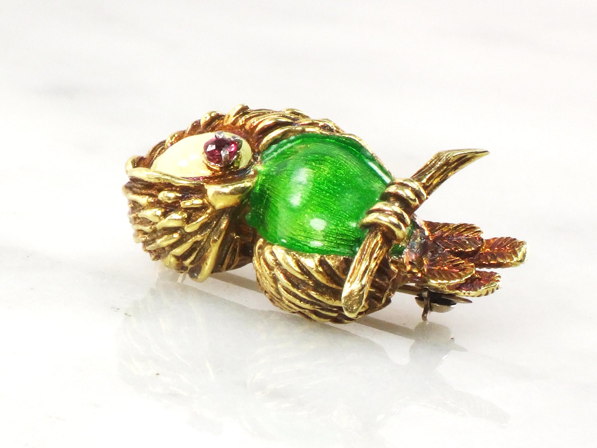 Vintage 18k Gold Enamel Parrot Pin: Red Spinel Eye Brooch