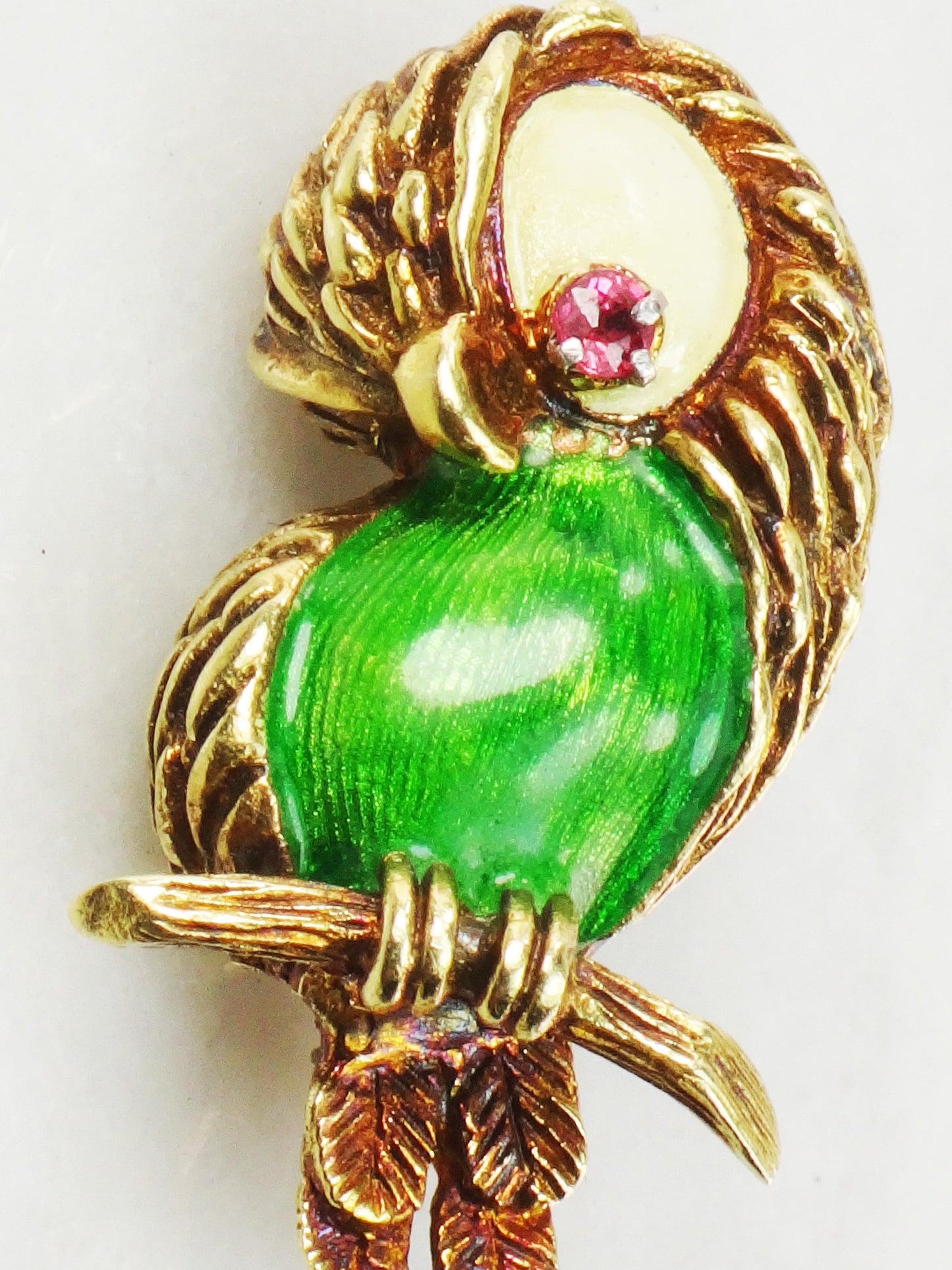 Vintage 18k Gold Enamel Parrot Pin: Red Spinel Eye Brooch