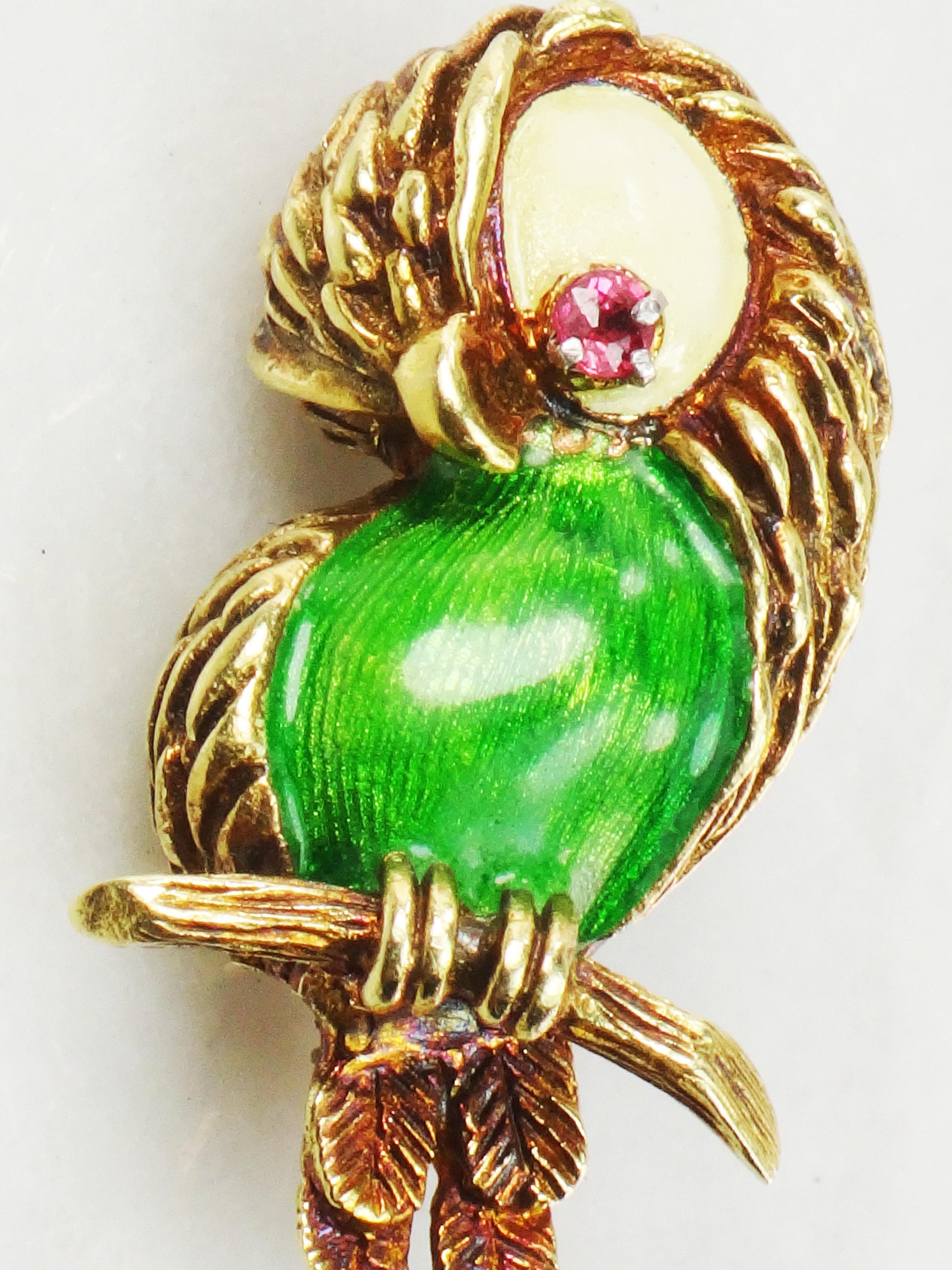 Vintage 18k Gold Enamel Parrot Pin: Red Spinel Eye Brooch