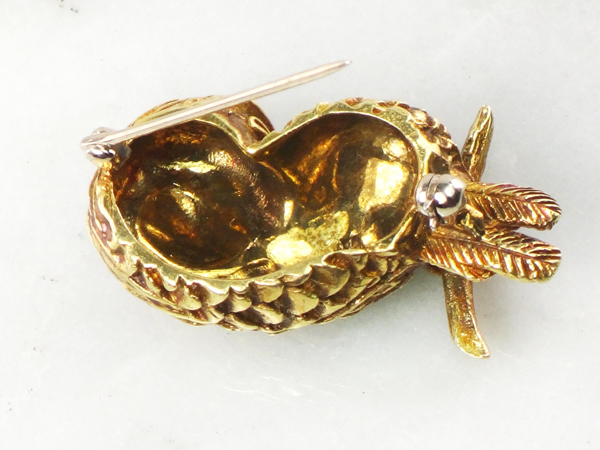 Vintage 18k Gold Enamel Parrot Pin: Red Spinel Eye Brooch