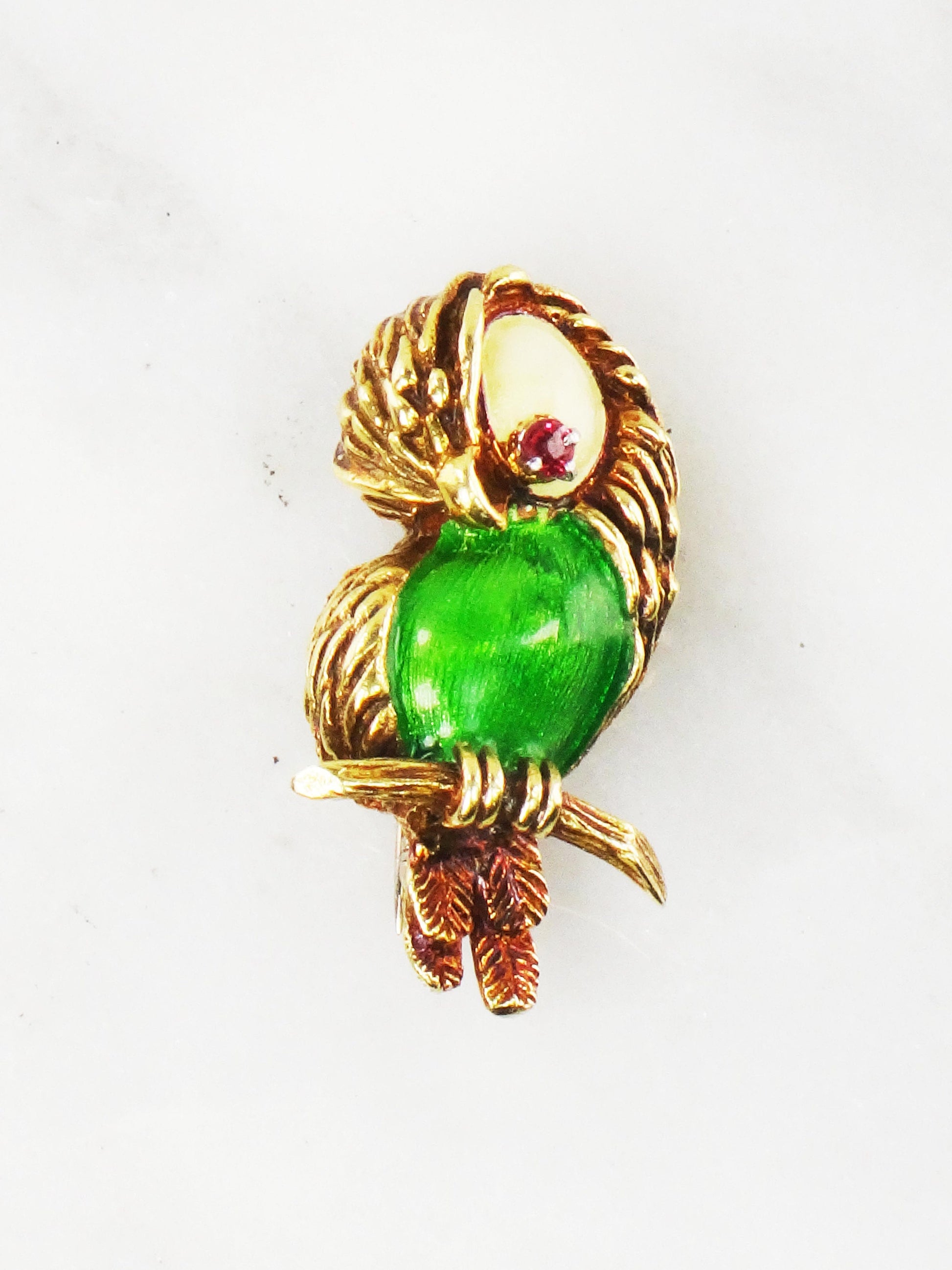 Vintage 18k Gold Enamel Parrot Pin: Red Spinel Eye Brooch