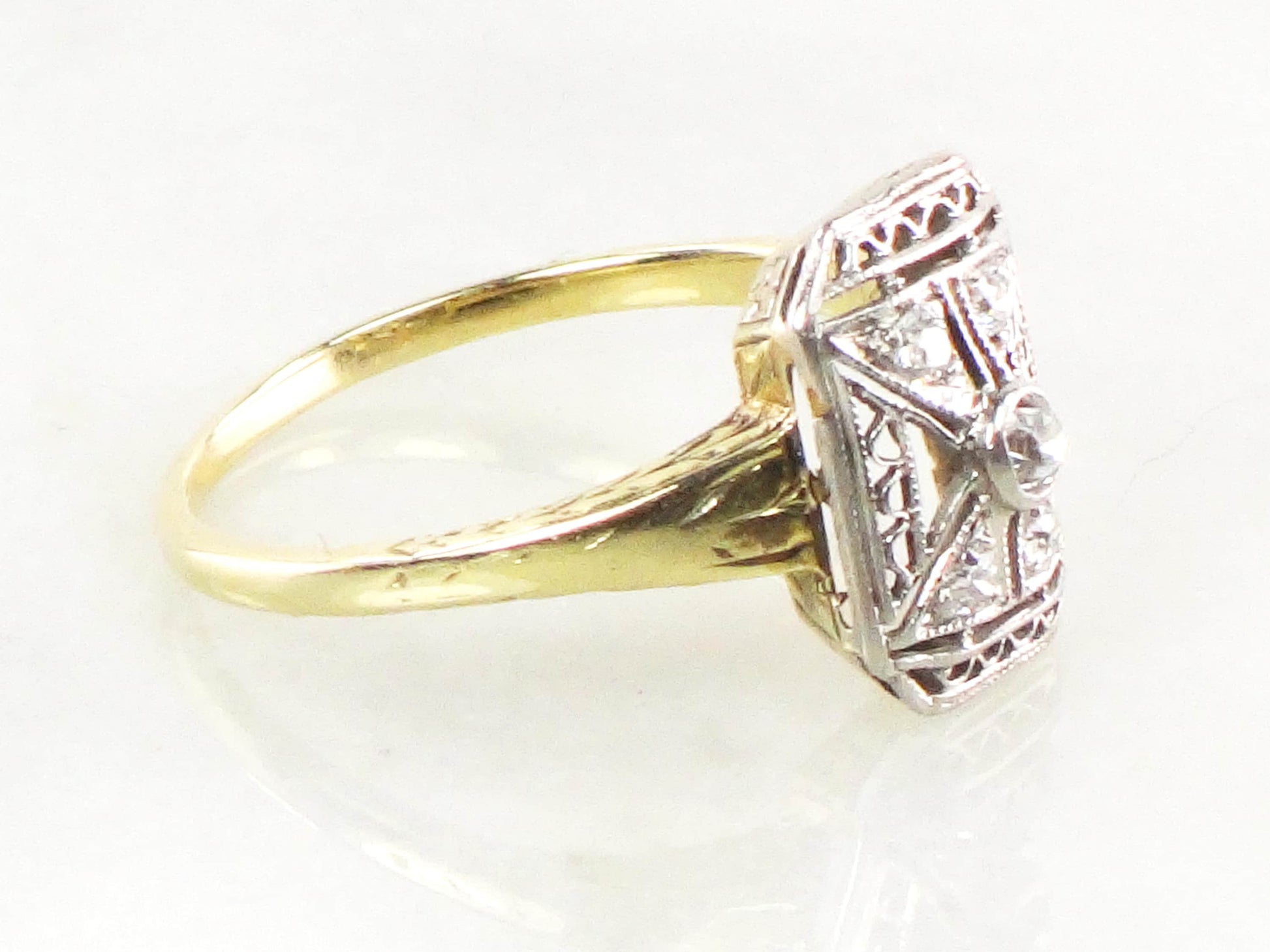 Antique 14k & Platinum Diamond Ring: 1920s Art Deco Old Mine Cut