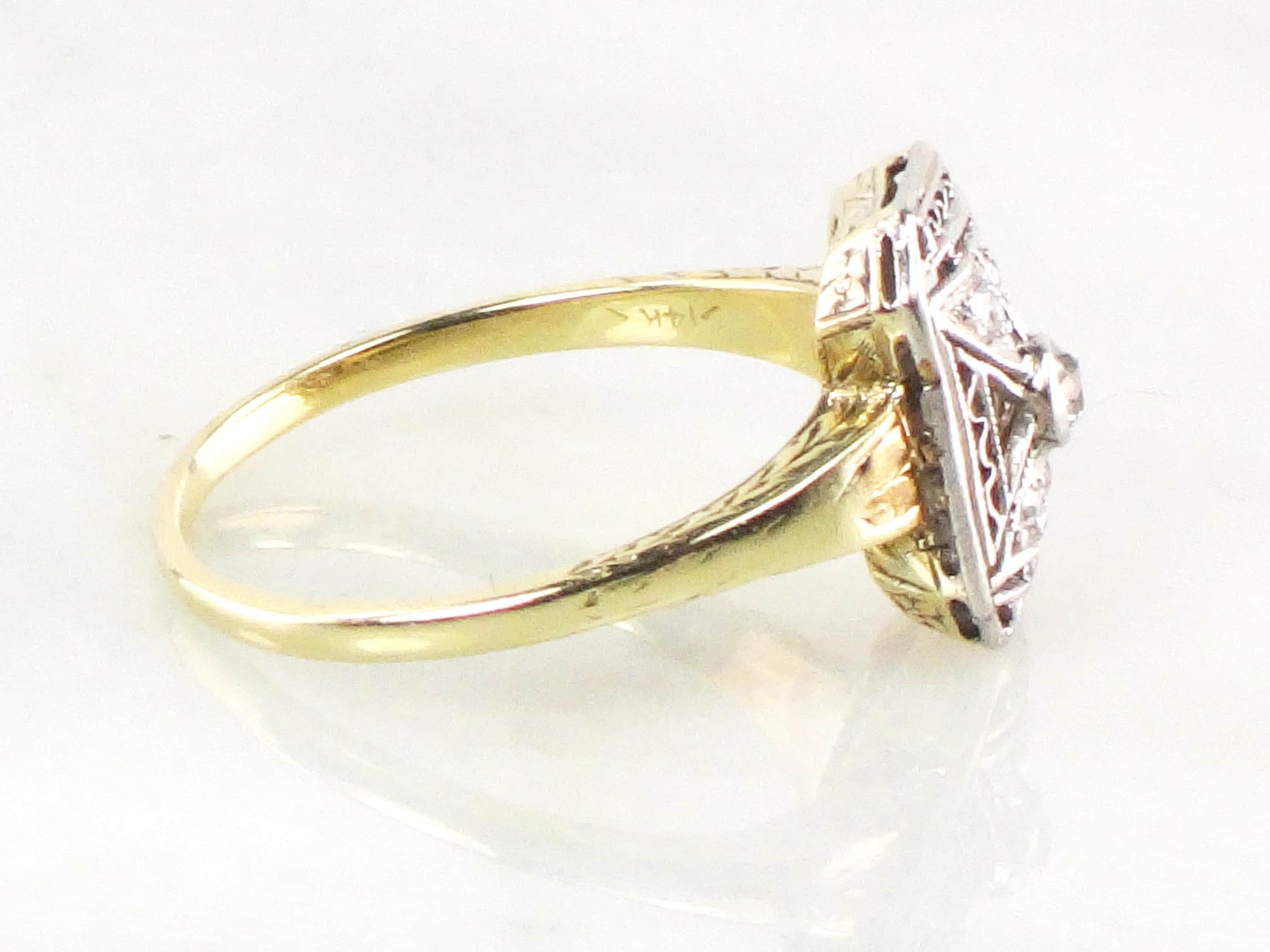 Antique 14k & Platinum Diamond Ring: 1920s Art Deco Old Mine Cut