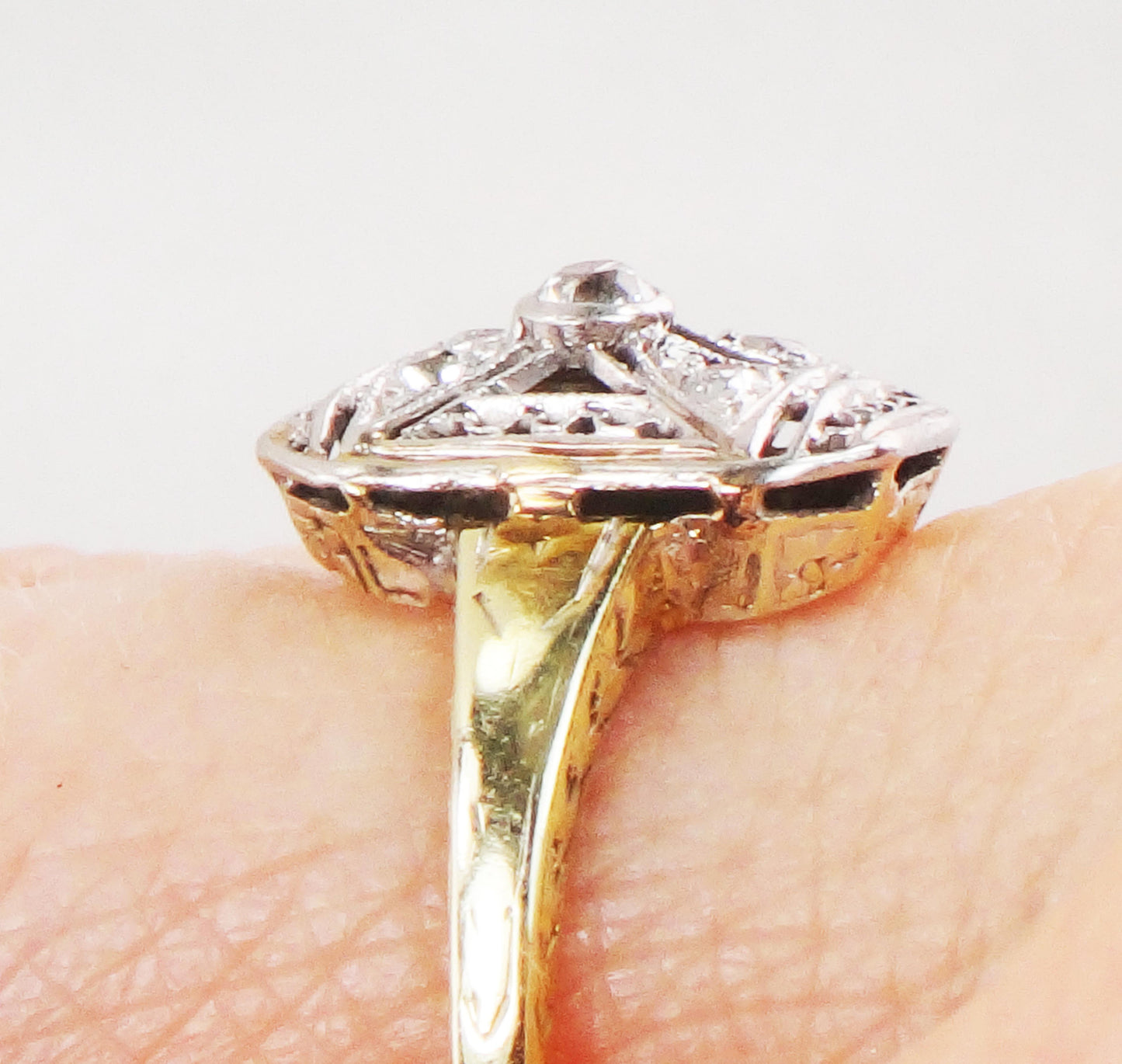 Antique 14k & Platinum Diamond Ring: 1920s Art Deco Old Mine Cut