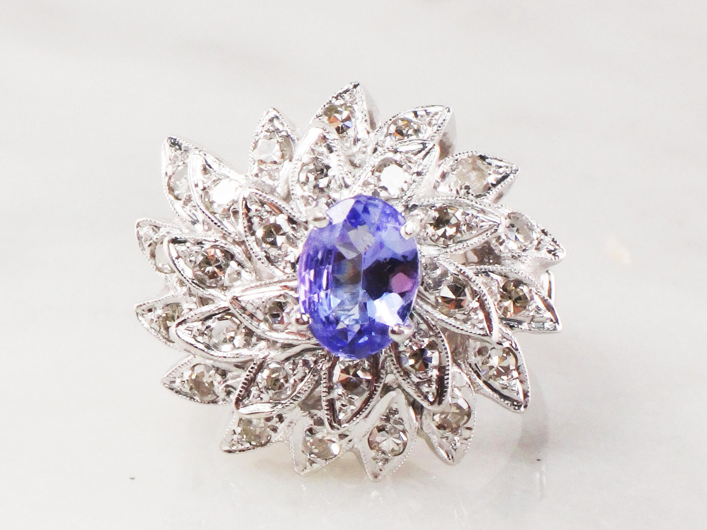 Vintage 14k White Gold Tanzanite and Diamond Ring Large Floral Cocktail Ring Natural Diamond and Tanzanite Dinner Ring