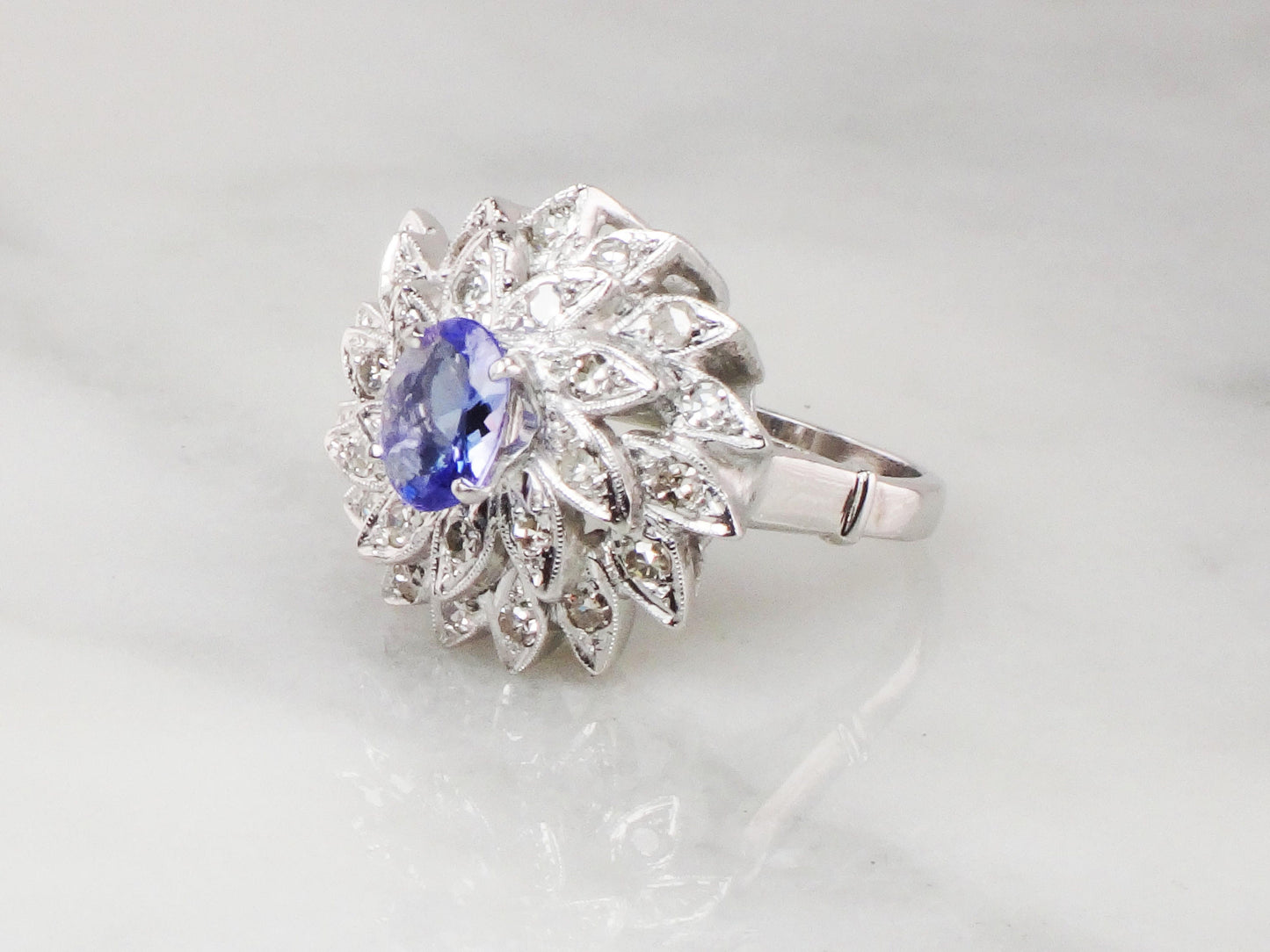 Vintage 14k White Gold Tanzanite and Diamond Ring Large Floral Cocktail Ring Natural Diamond and Tanzanite Dinner Ring