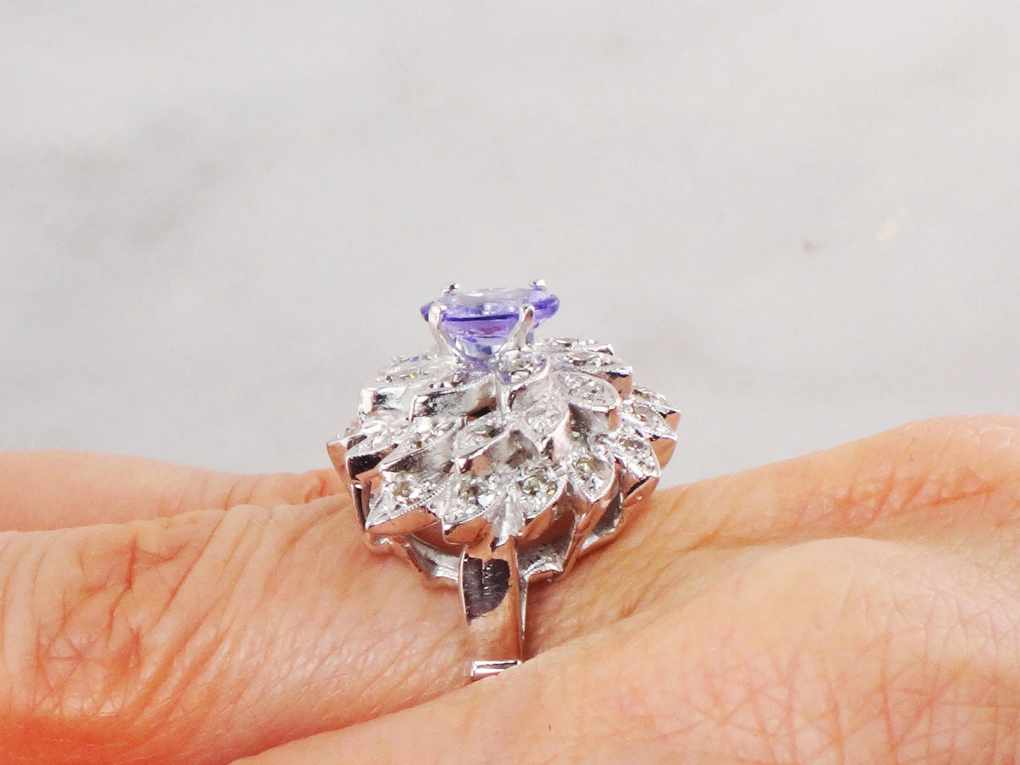 Vintage 14k White Gold Tanzanite and Diamond Ring Large Floral Cocktail Ring Natural Diamond and Tanzanite Dinner Ring