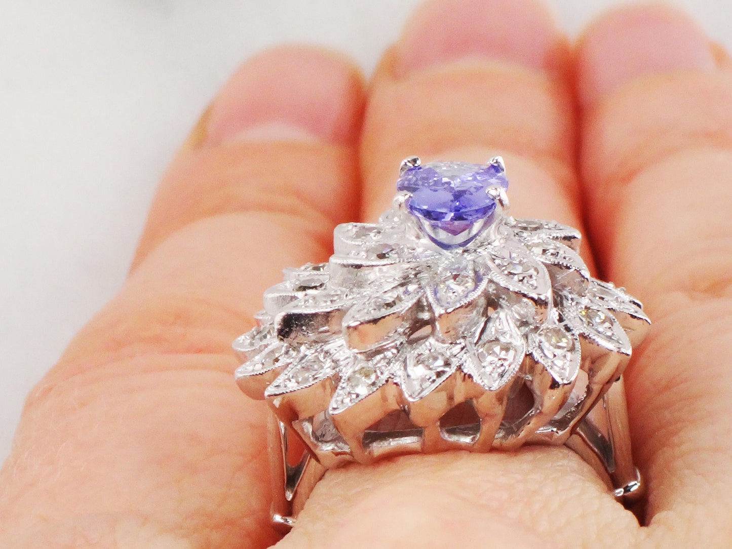 Vintage 14k White Gold Tanzanite and Diamond Ring Large Floral Cocktail Ring Natural Diamond and Tanzanite Dinner Ring