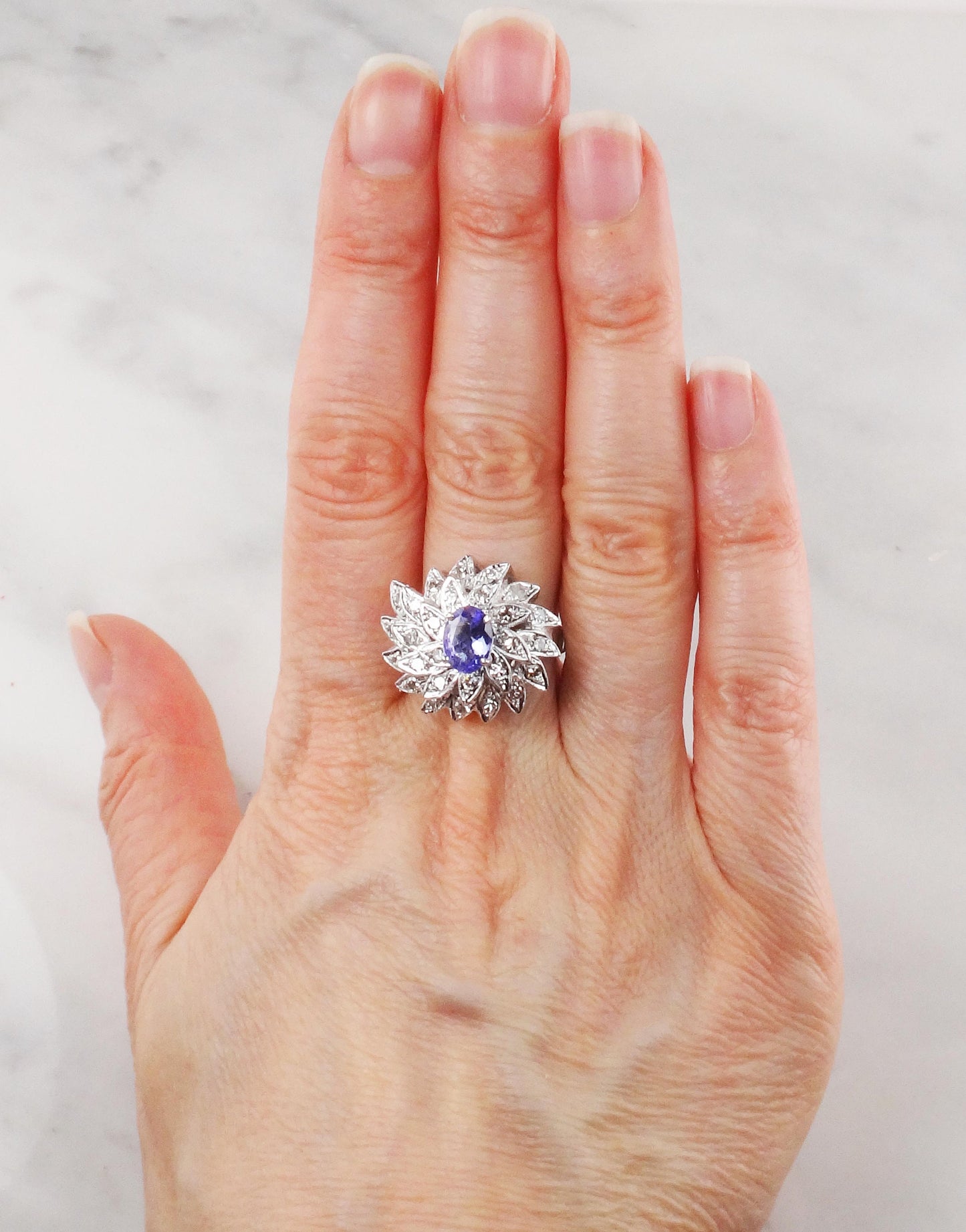 Vintage 14k White Gold Tanzanite and Diamond Ring Large Floral Cocktail Ring Natural Diamond and Tanzanite Dinner Ring