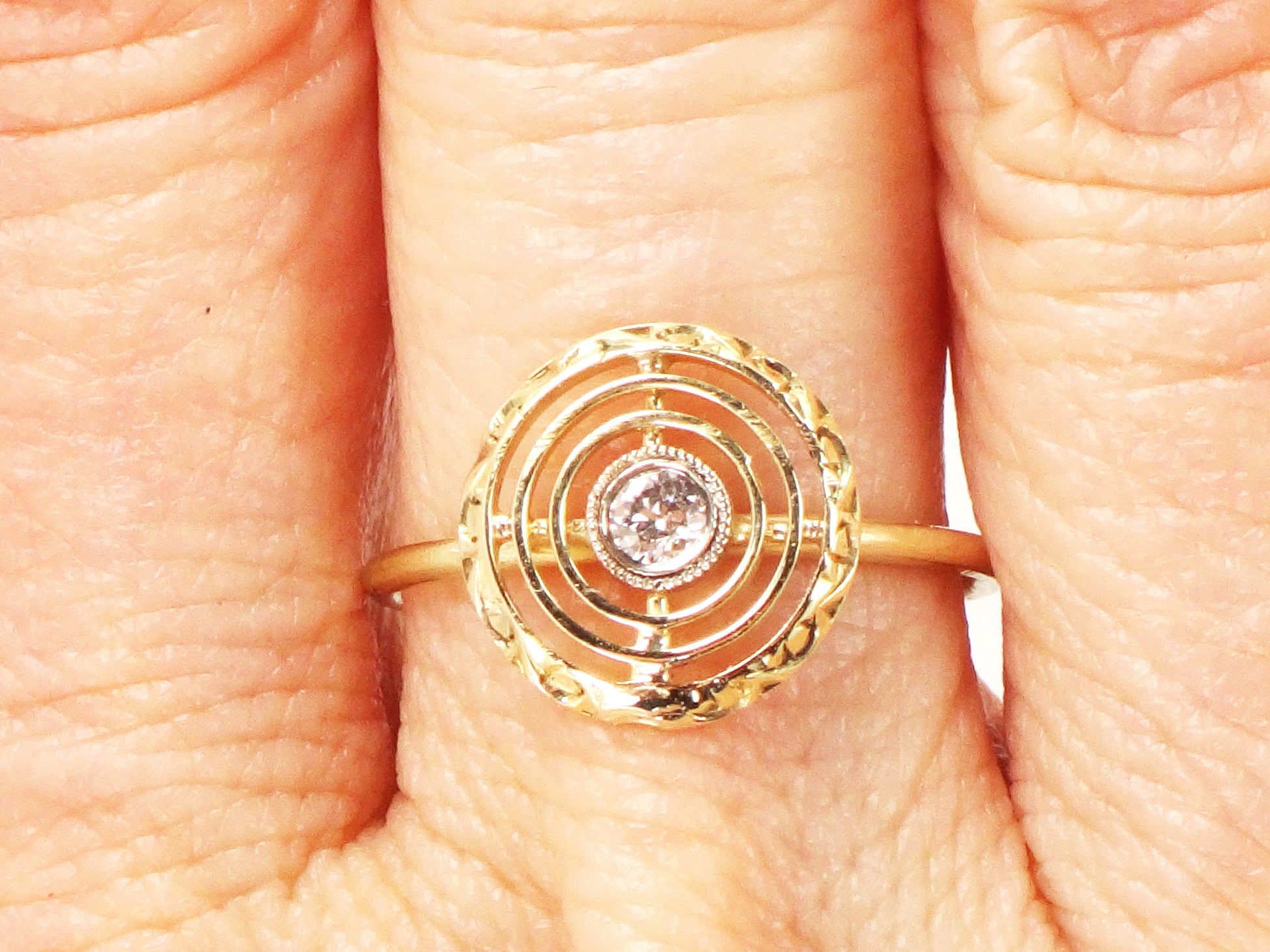 Vintage 14k Yellow Gold Diamond Target Ring: Art Deco Conversion