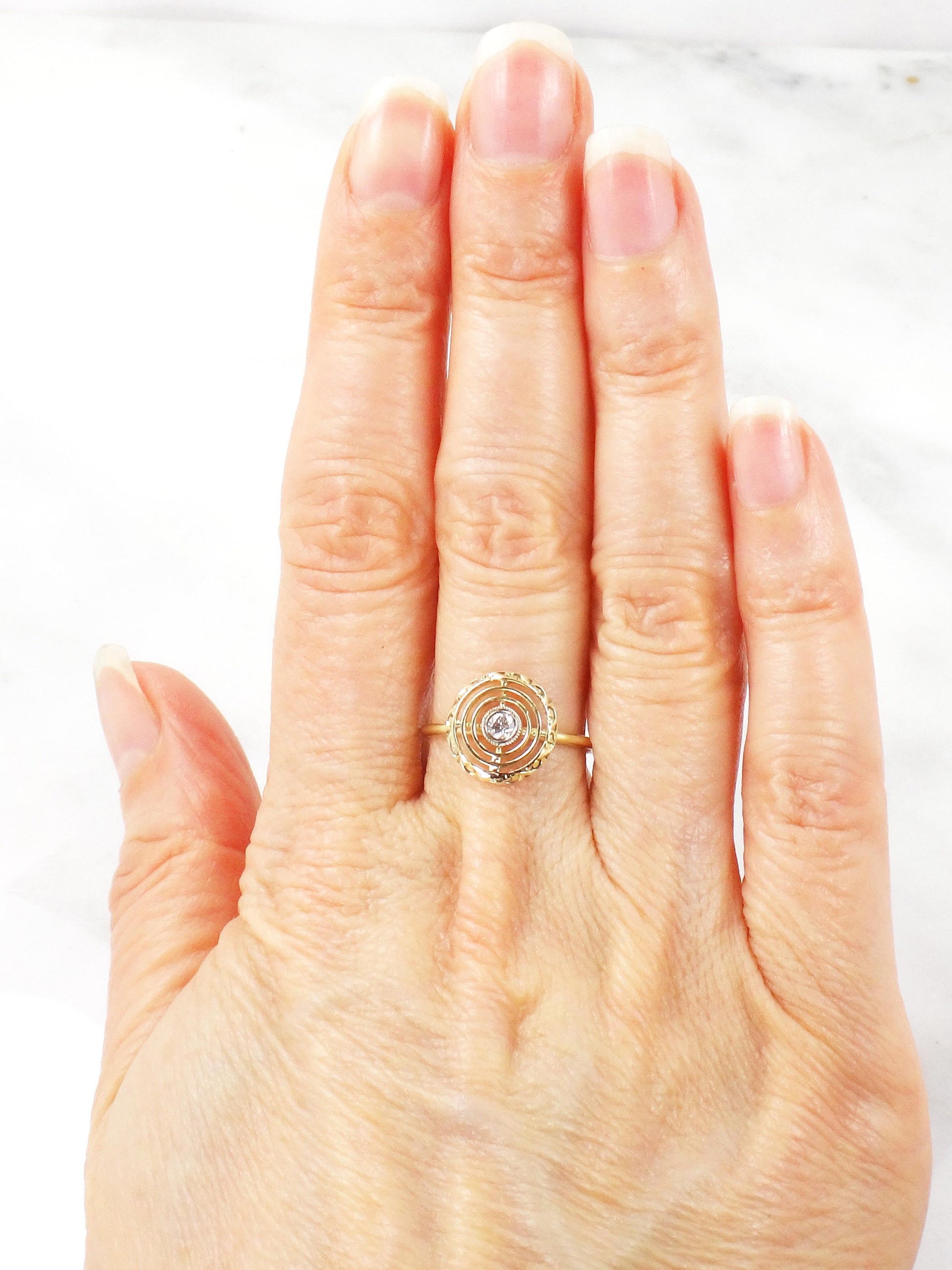 Vintage 14k Yellow Gold Diamond Target Ring: Art Deco Conversion