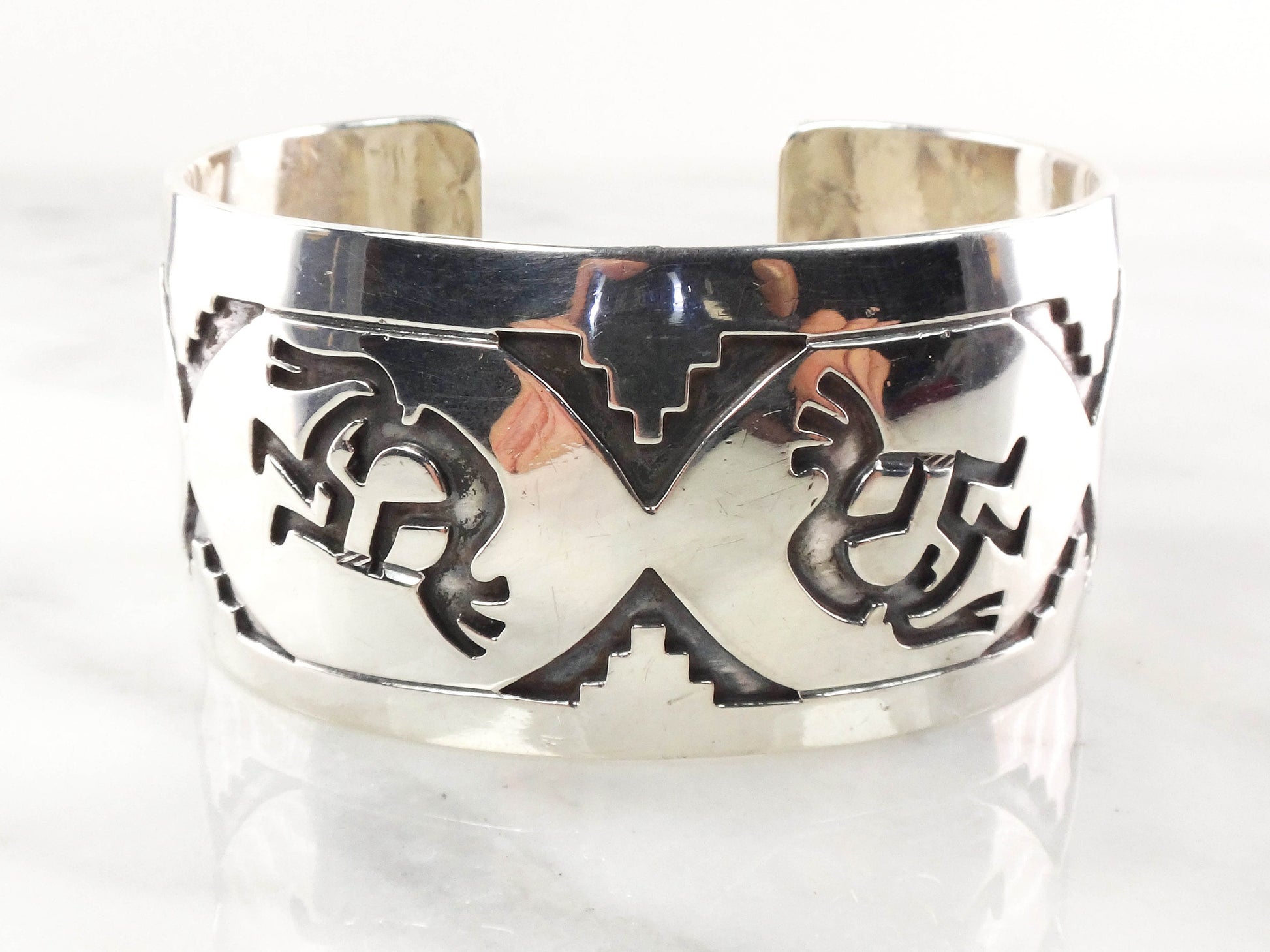 Vintage Sterling Silver Kokopelli Southwestern Cuff Bracelet Signed by Native American Designer Michael Tahe Wide Cuff