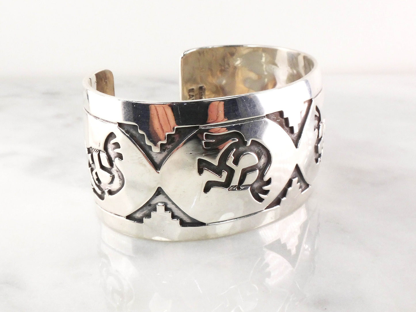 Vintage Sterling Silver Kokopelli Southwestern Cuff Bracelet Signed by Native American Designer Michael Tahe Wide Cuff