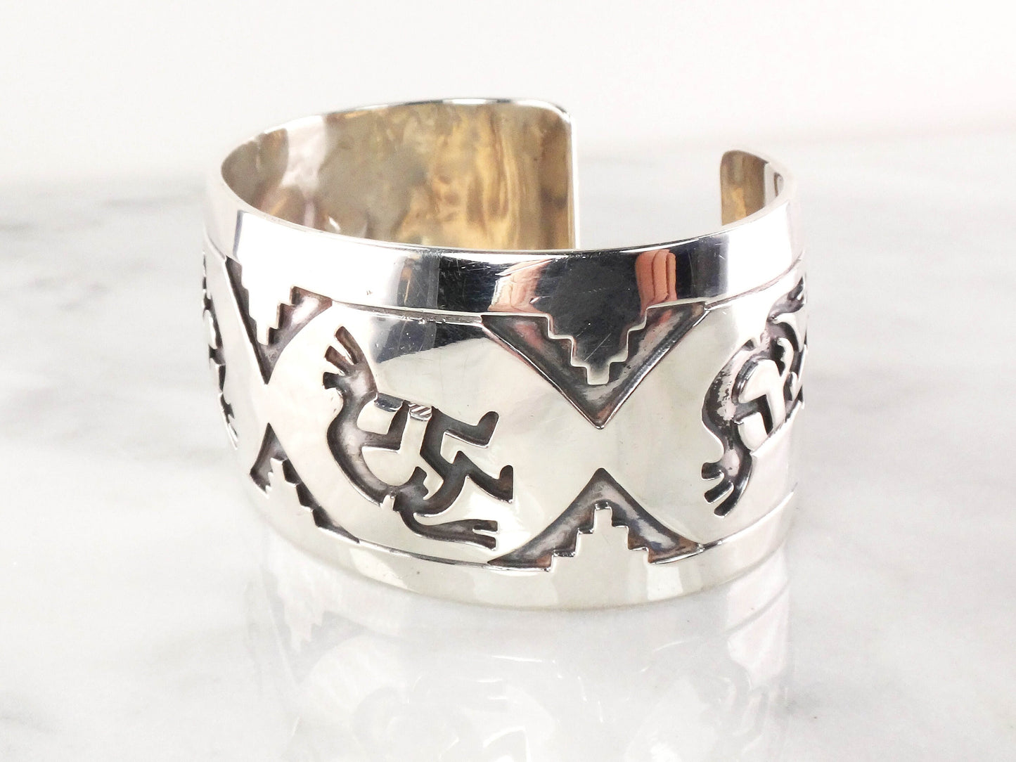 Vintage Sterling Silver Kokopelli Southwestern Cuff Bracelet Signed by Native American Designer Michael Tahe Wide Cuff